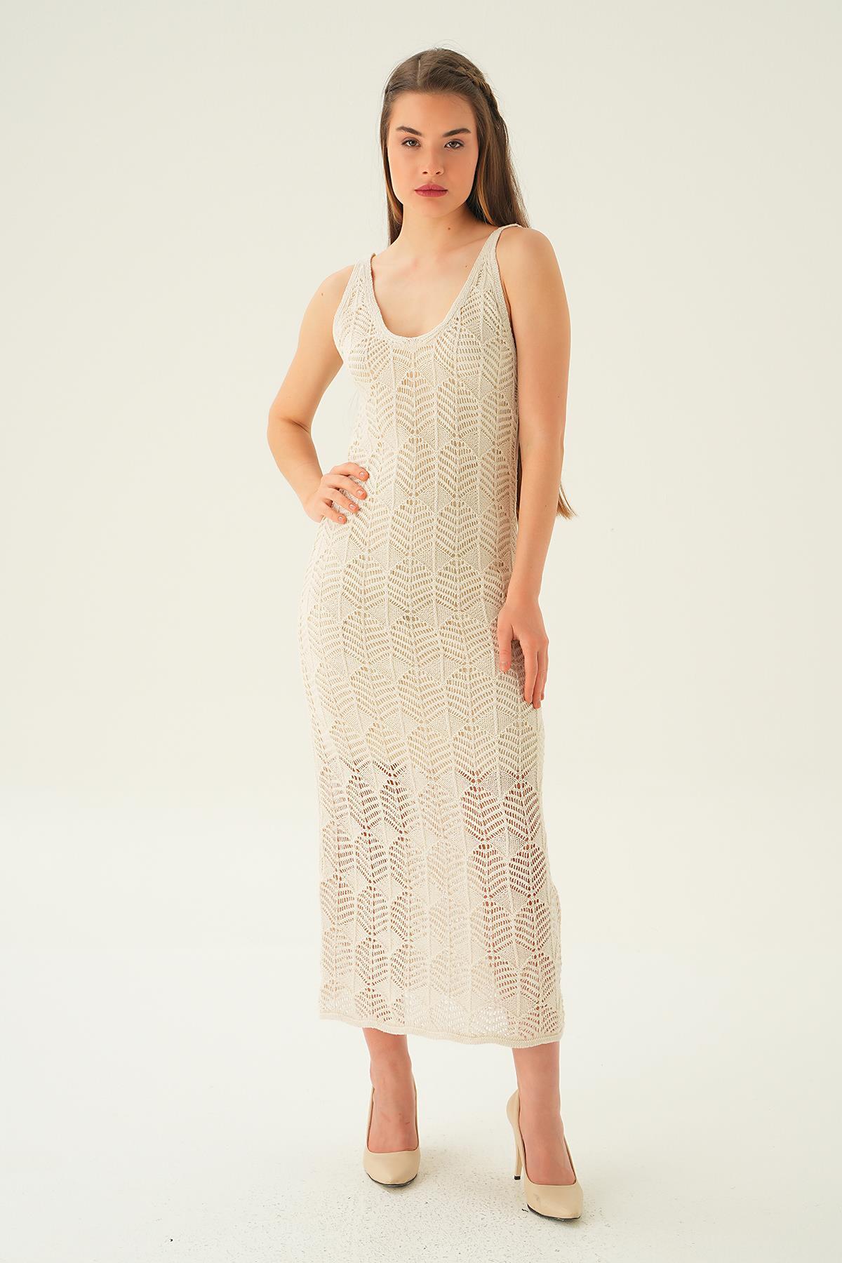 Natural Uzun Askılı Ajurlu Elbise 2446 - 1