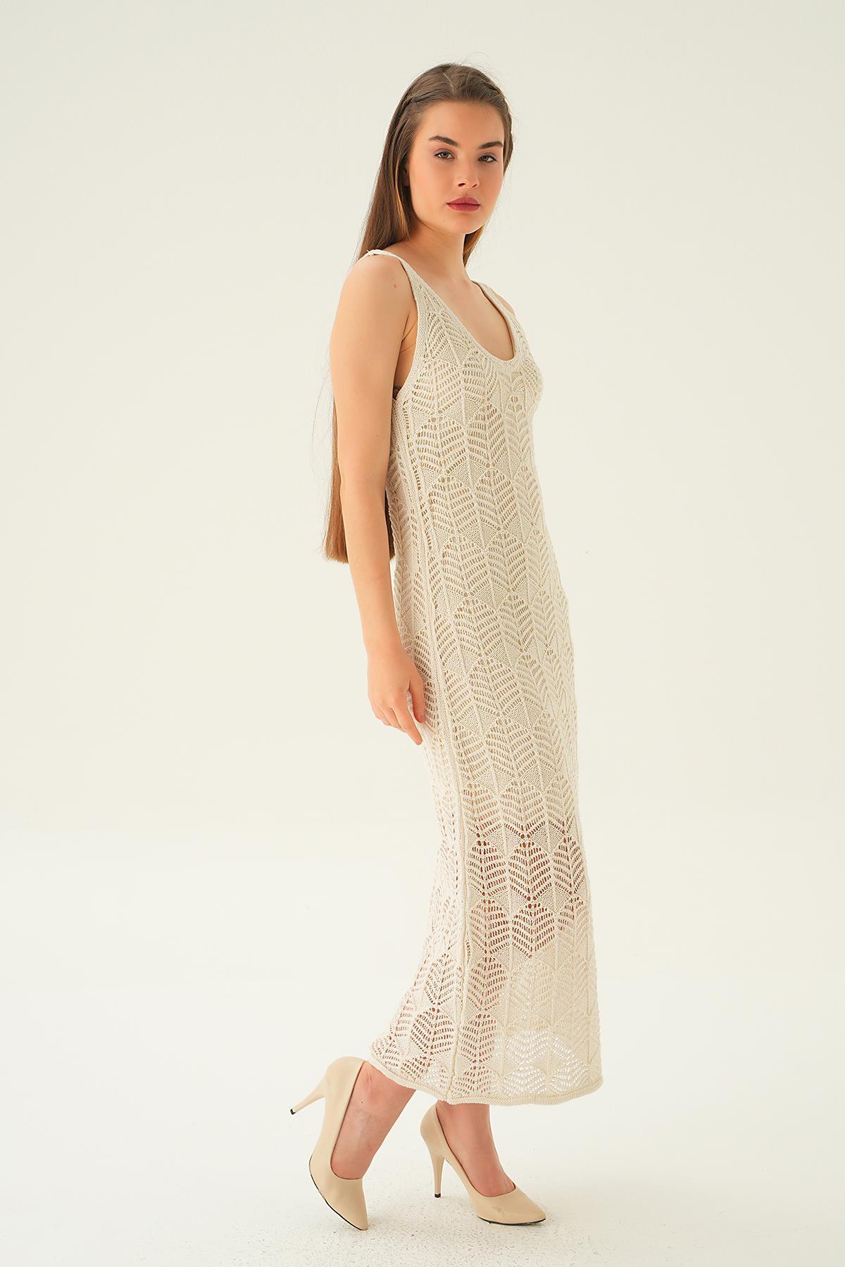 Natural Uzun Askılı Ajurlu Elbise 2446 - 3