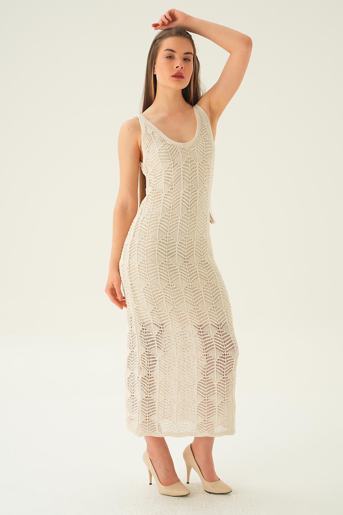 Natural Uzun Askılı Ajurlu Elbise 2446 - 4