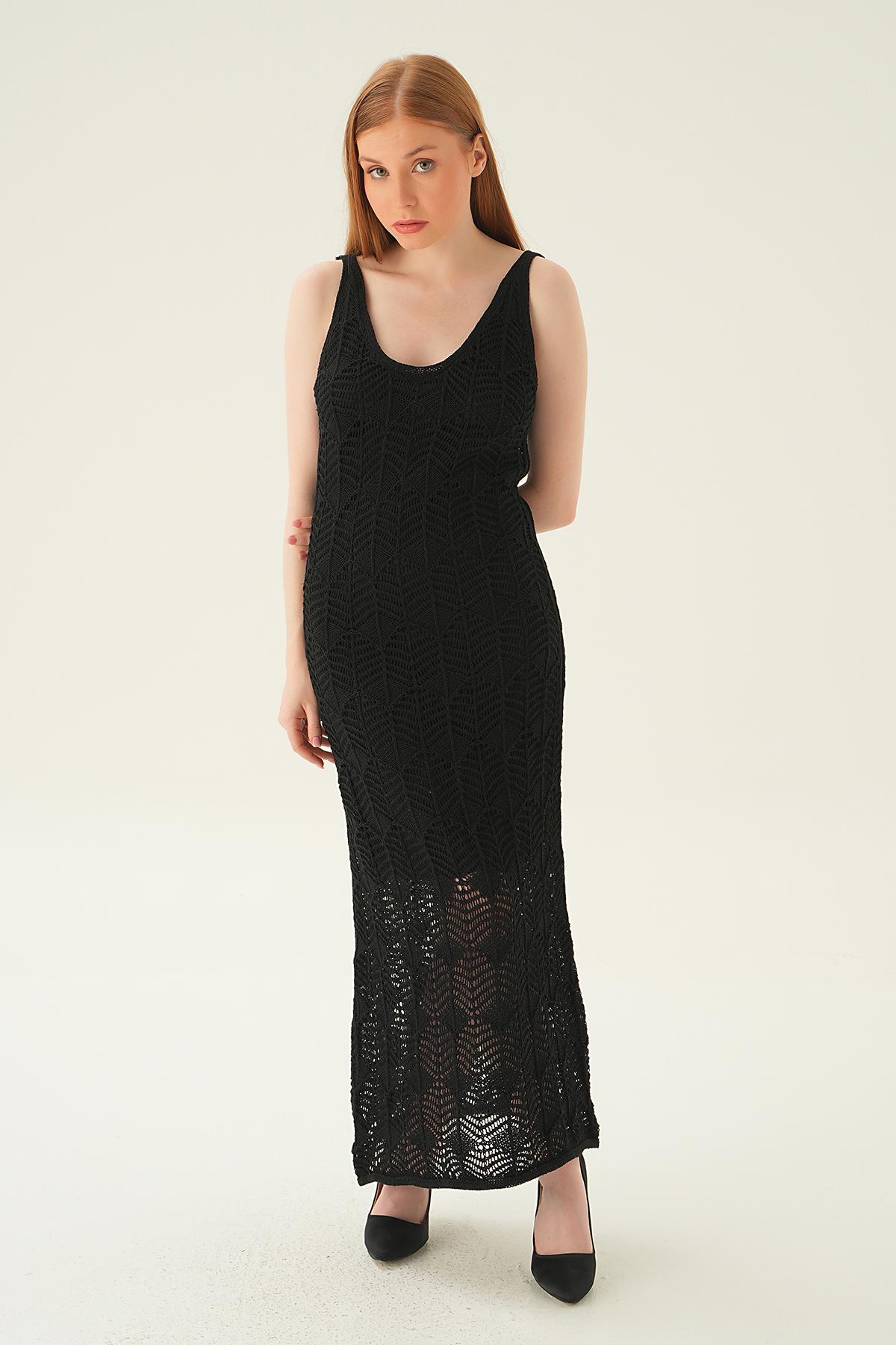 2446 Uzun Askılı Ajurlu Elbise Siyah - 2