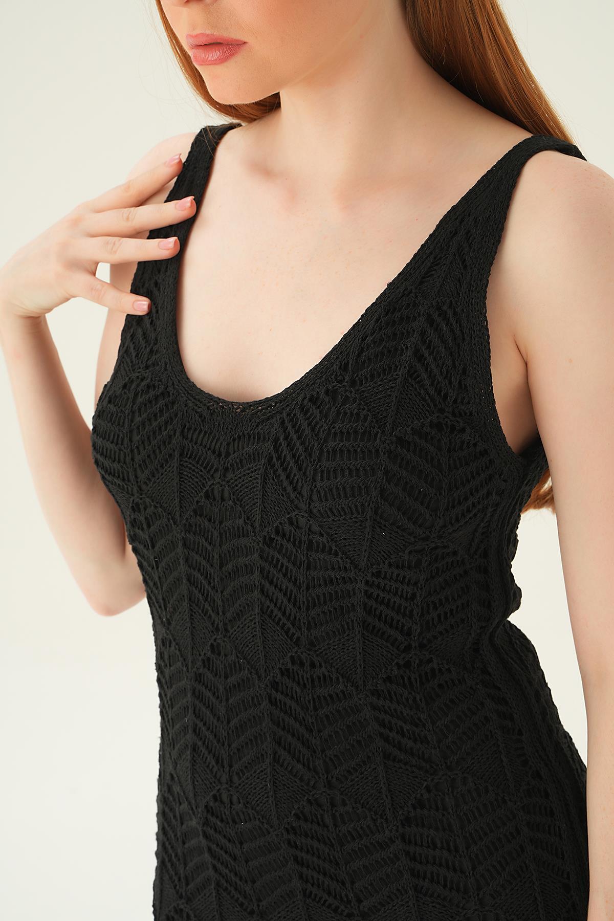 Siyah Uzun Askılı Ajurlu Elbise 2446 - 6