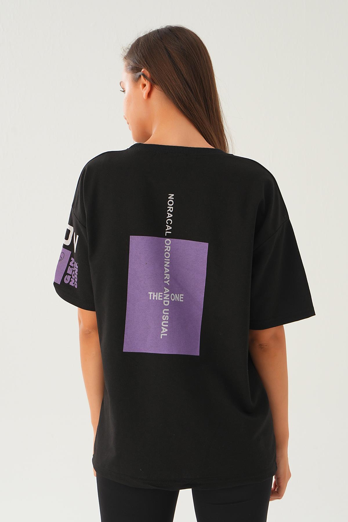 2447 Arka Ön Yazı Baskılı Tişört Siyah - 2