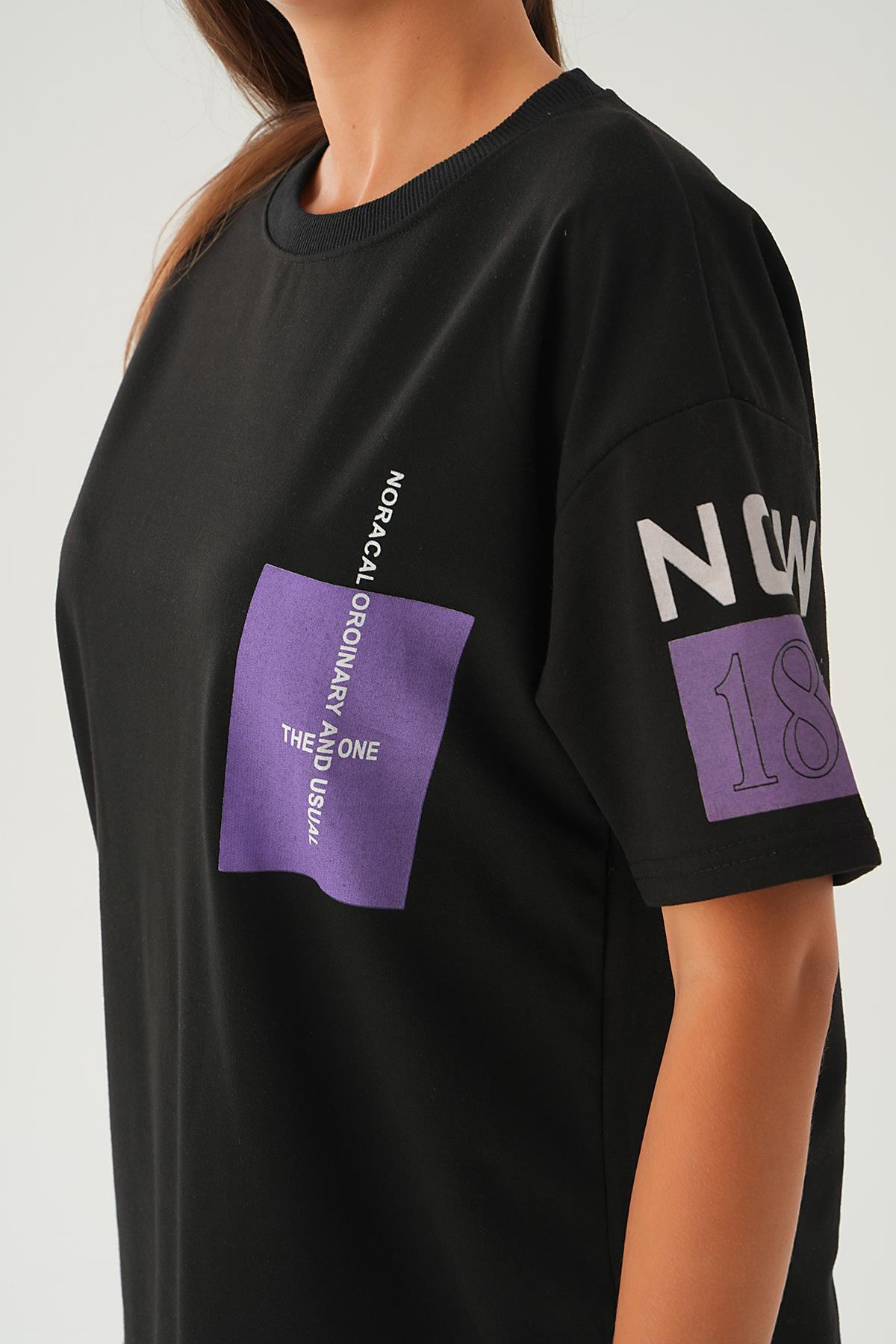 Siyah Arka Ön Yazı Baskılı Tişört 2447 - 3