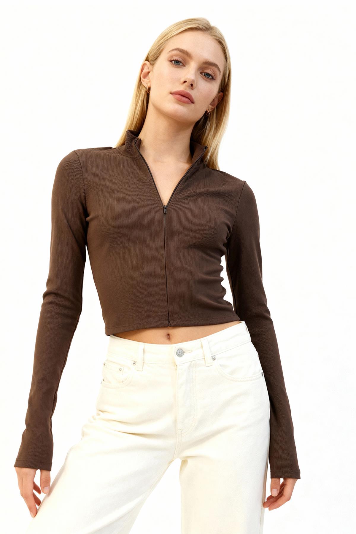 2447 Fermuarlı Uzun Kol Bluz Acı Kahve - RAYS