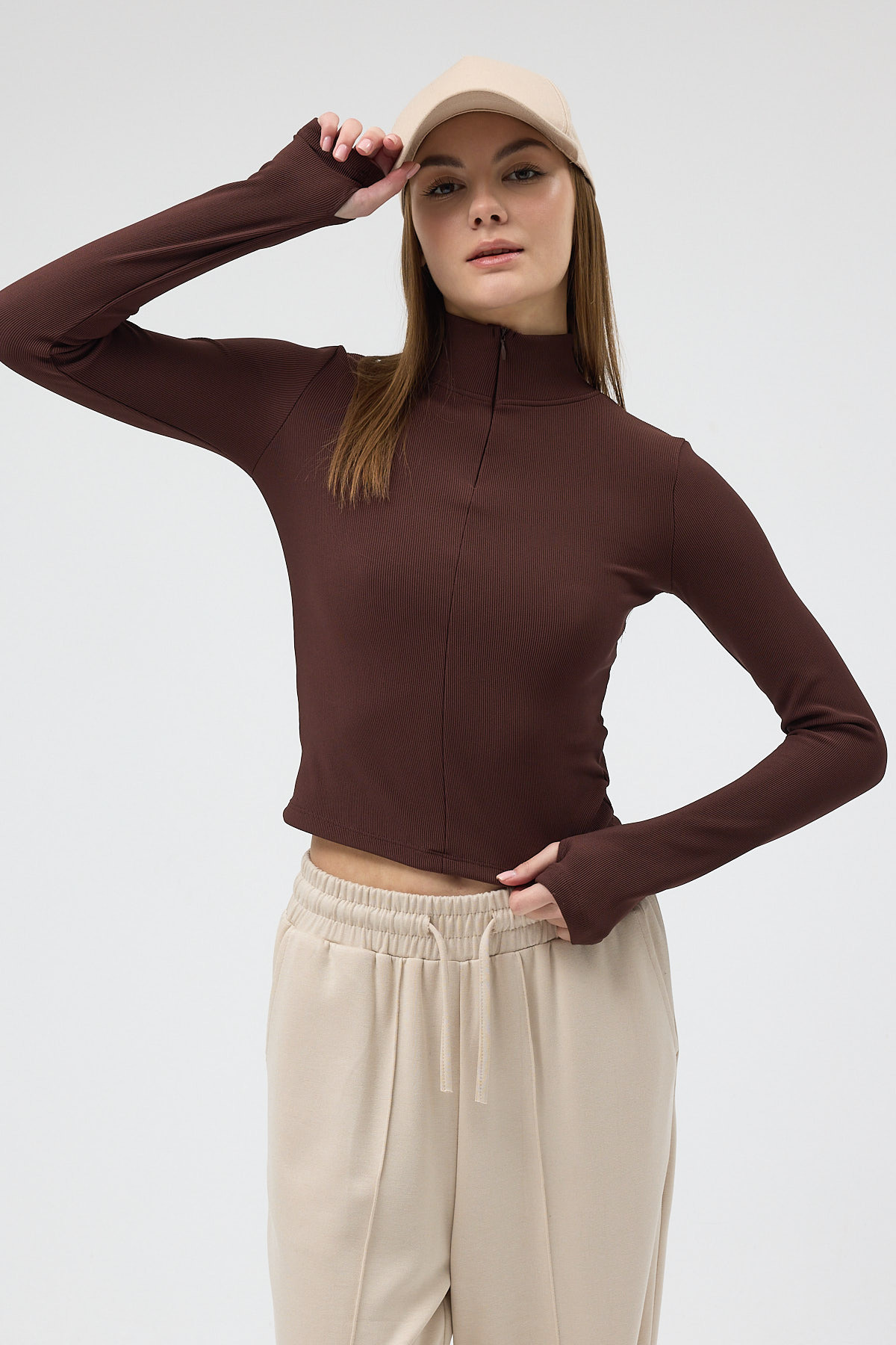 Acı Kahve Fermuarlı Dik Yaka Uzun Kollu Fitilli Bluz 2447 - RAYS