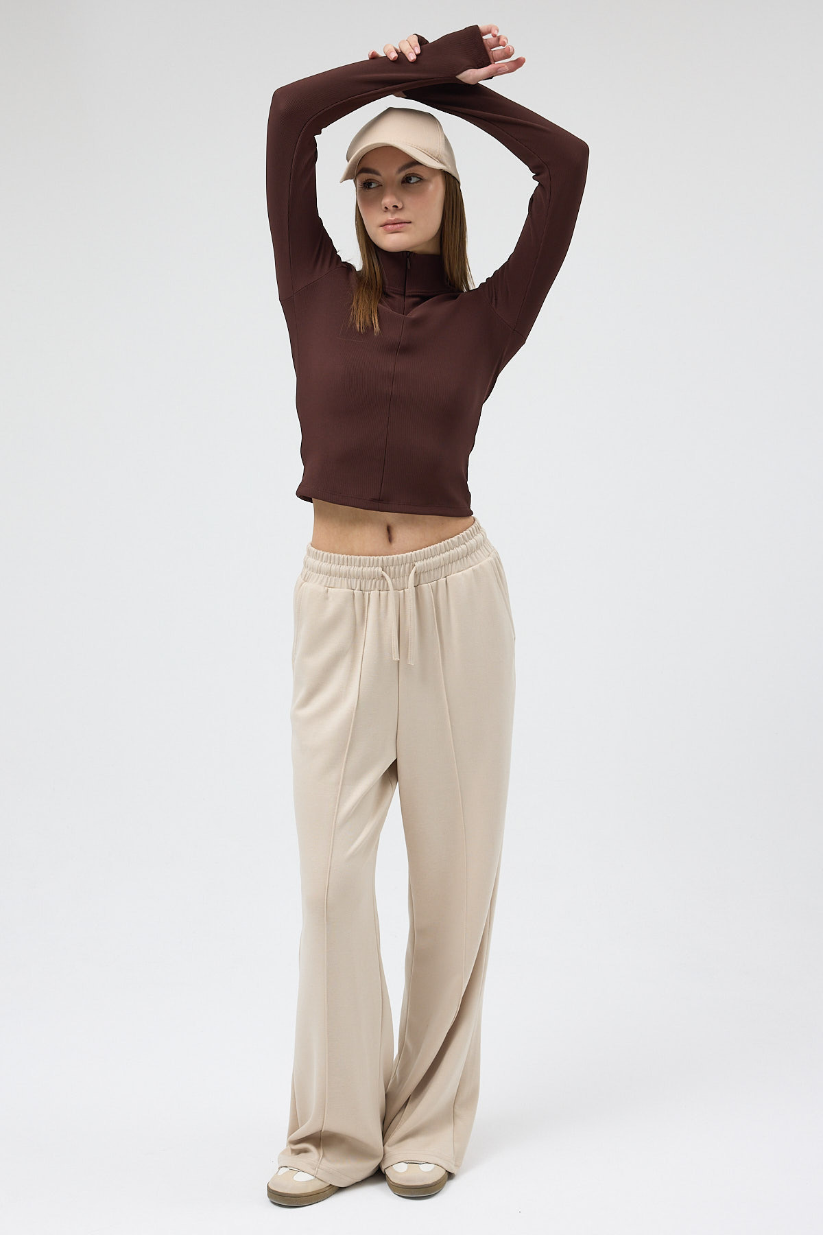 Acı Kahve Fermuarlı Dik Yaka Uzun Kollu Fitilli Bluz 2447 - RAYS