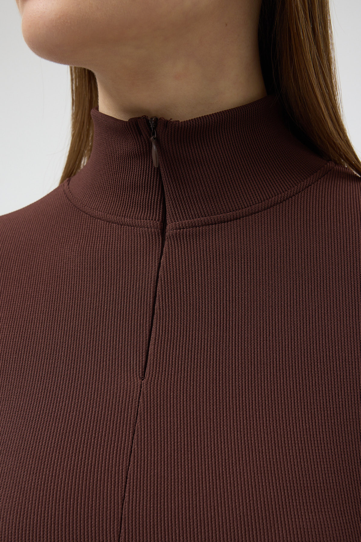 Acı Kahve Fermuarlı Dik Yaka Uzun Kollu Fitilli Bluz 2447 - 4