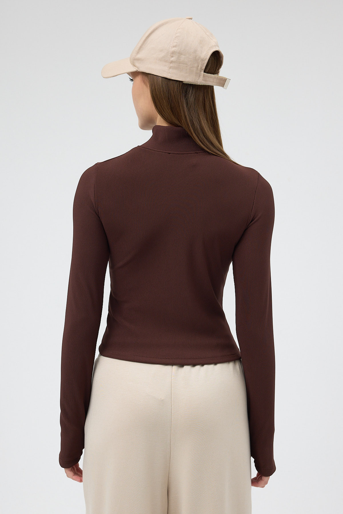 Acı Kahve Fermuarlı Dik Yaka Uzun Kollu Fitilli Bluz 2447 - 5