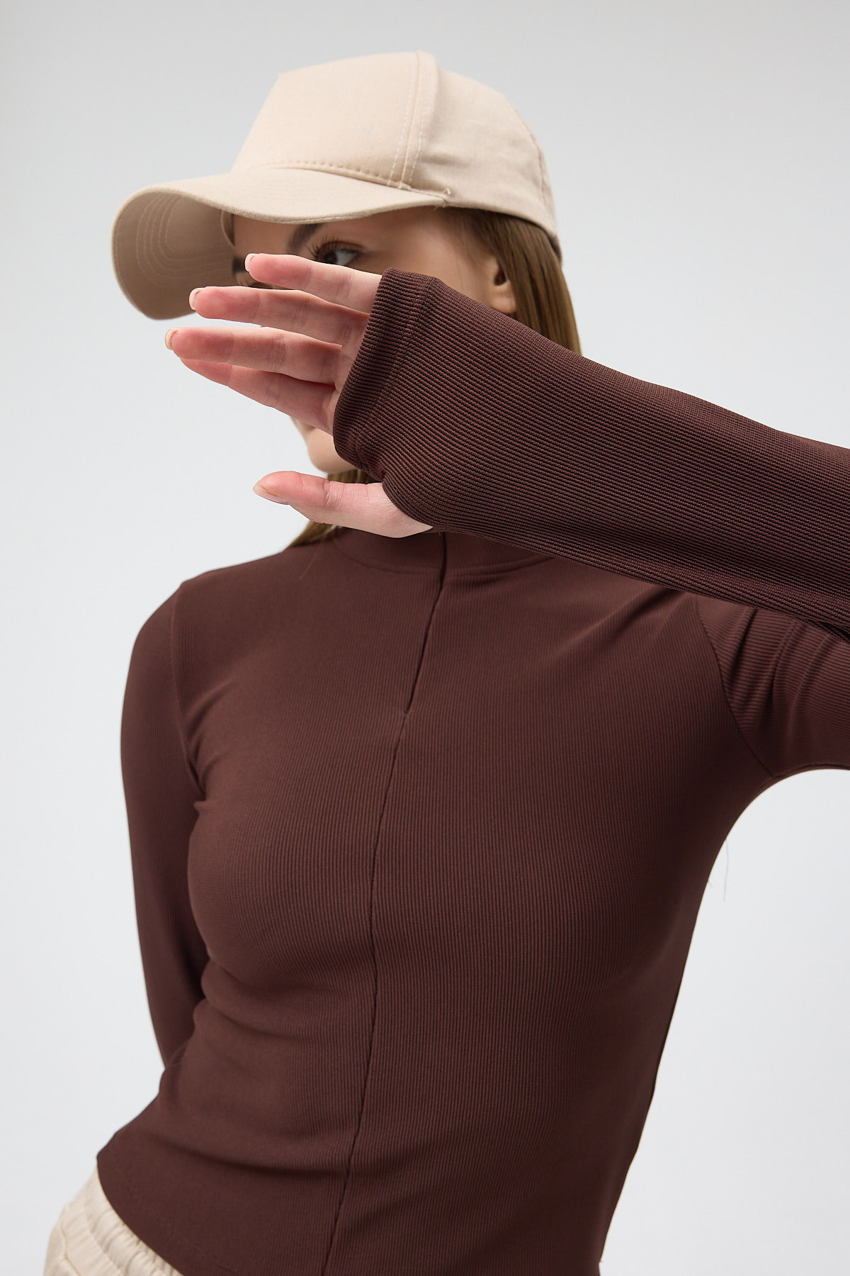 Acı Kahve Fermuarlı Dik Yaka Uzun Kollu Fitilli Bluz 2447 - 6