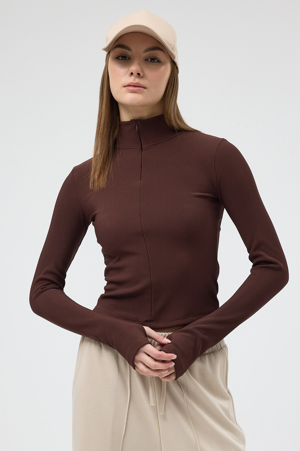 Acı Kahve Fermuarlı Dik Yaka Uzun Kollu Fitilli Bluz 2447 - 7