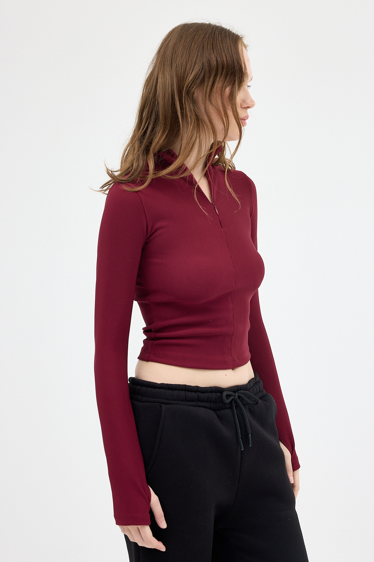 Bordo Yarım Balıkçı Yaka Fermuarlı Body 2447 - 2