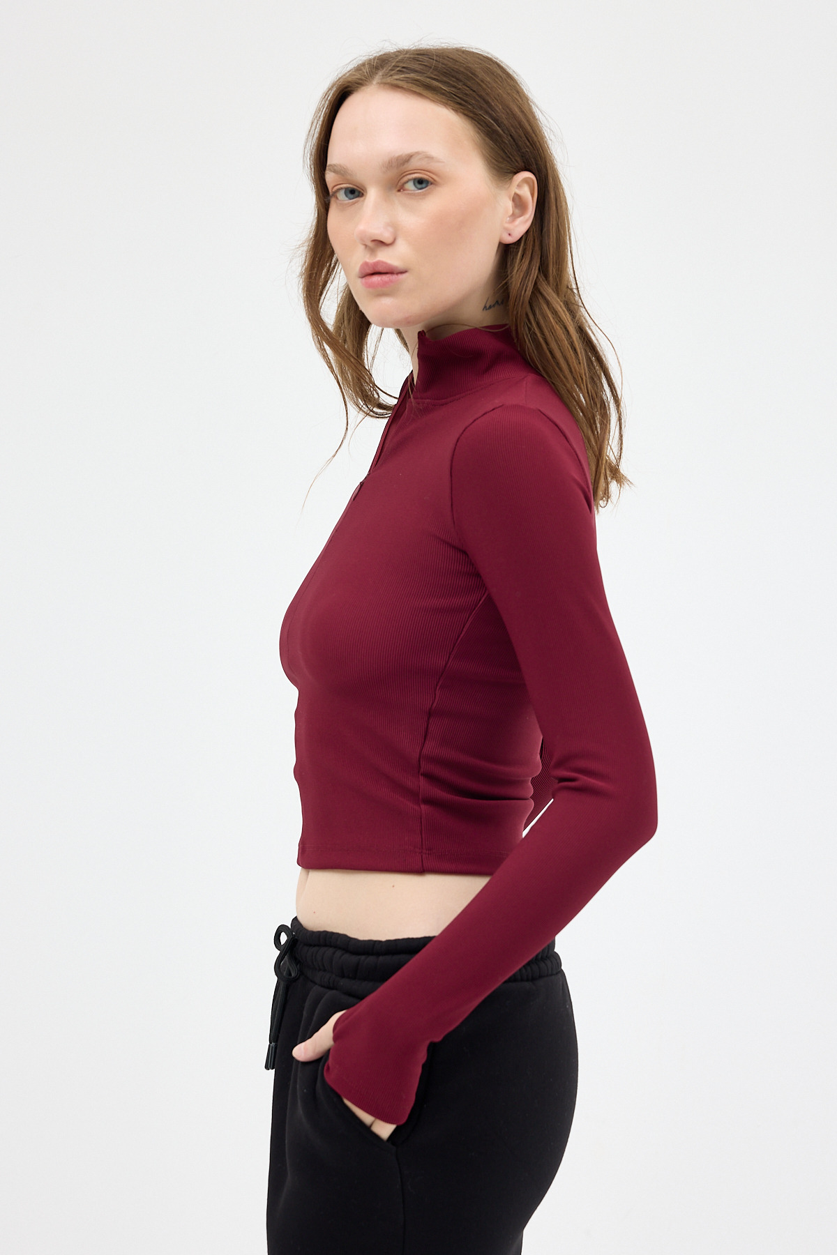 Bordo Yarım Balıkçı Yaka Fermuarlı Body 2447 - 6