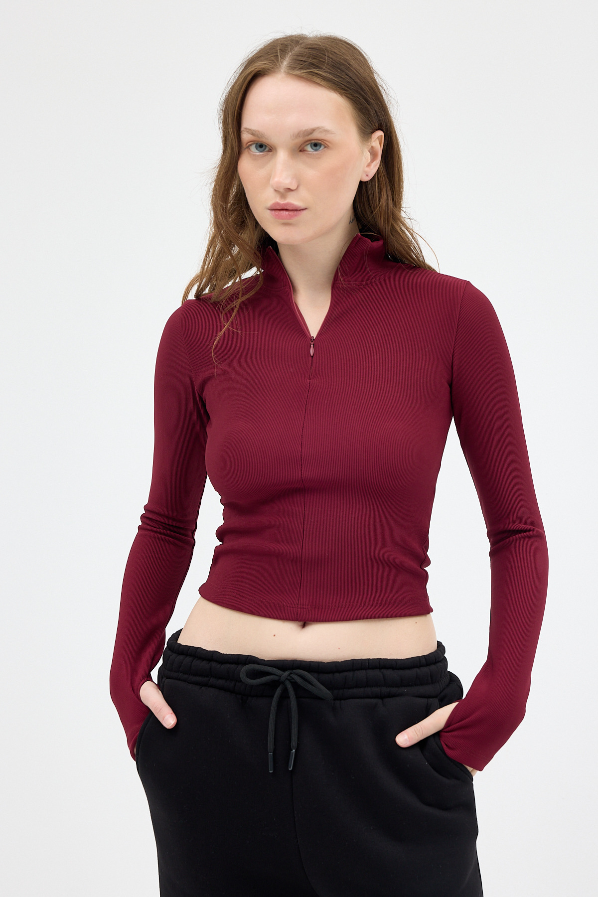 Bordo Yarım Balıkçı Yaka Fermuarlı Body 2447 - 7