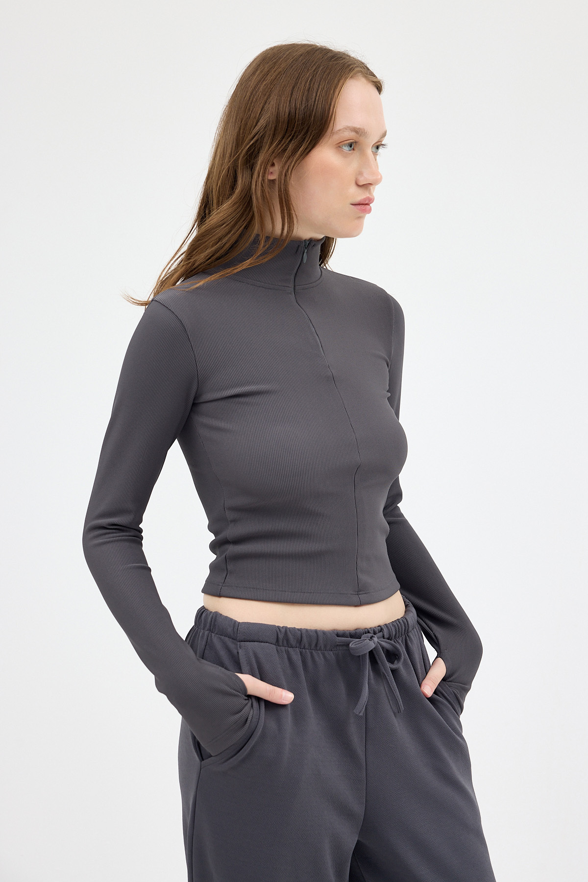 Füme Yarım Balıkçı Yaka Fermuarlı Body 2447 