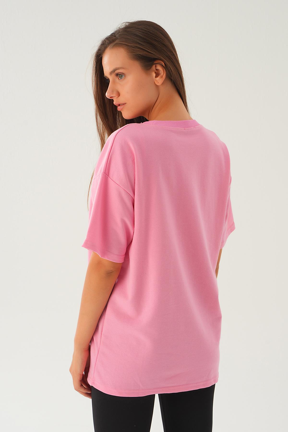 Pembe Kalp Nakış Detay Tişört 2448 - 2