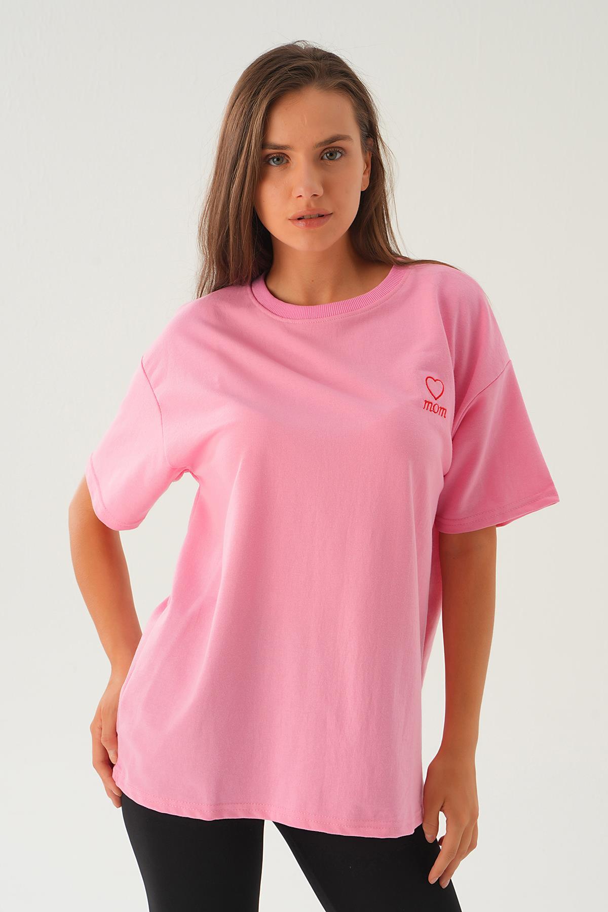 Pembe Kalp Nakış Detay Tişört 2448 - 5