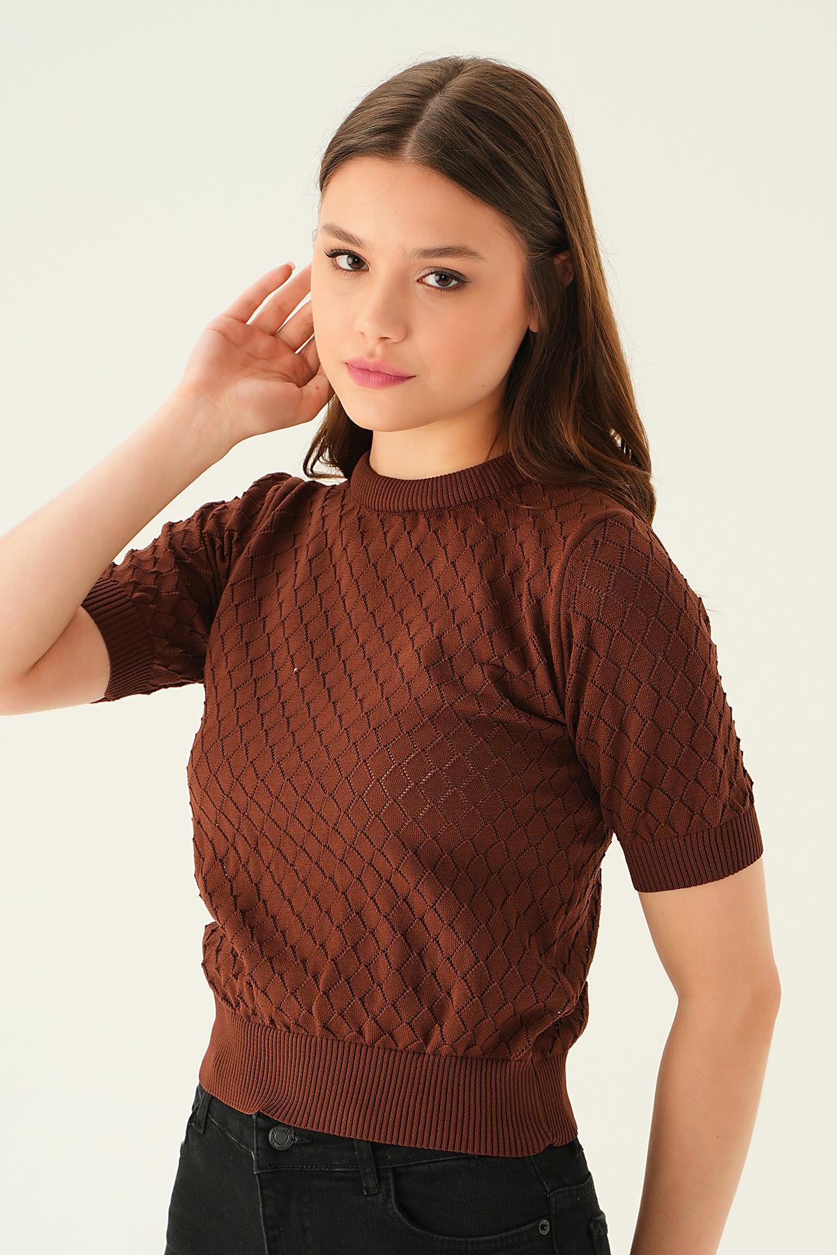 2449 Bisiklet Yaka Bluz Kahve 