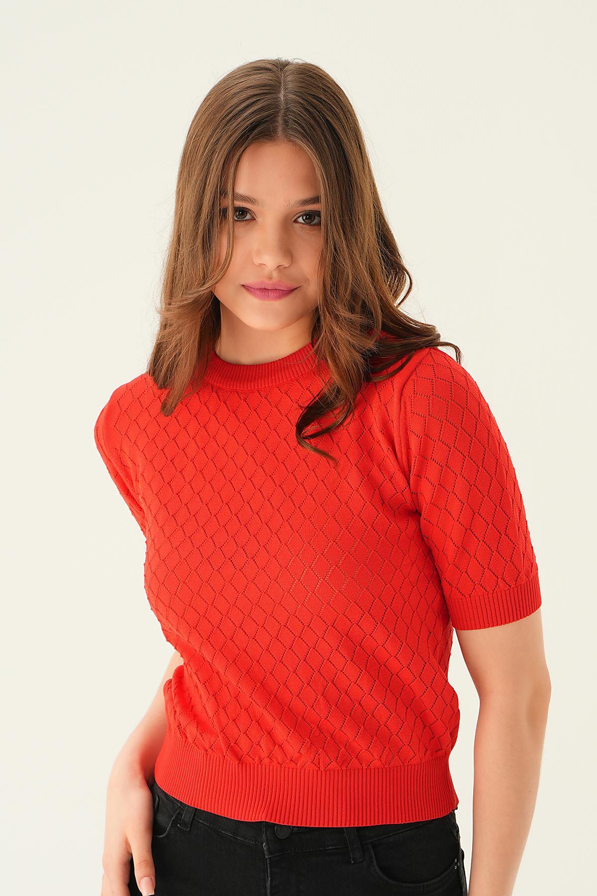 2449 Bisiklet Yaka Bluz Nar 