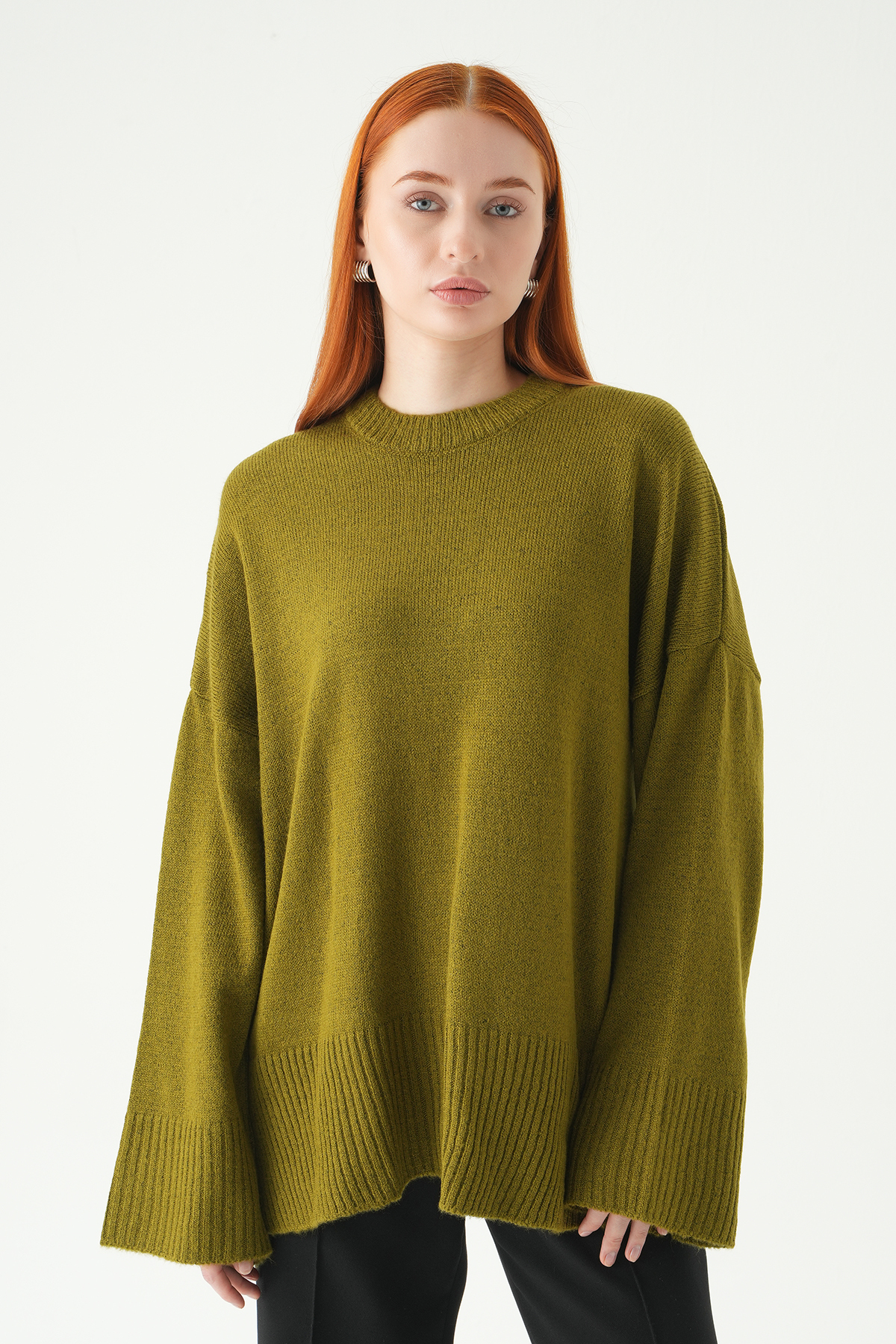Yağ Yeşili Bisiklet Yaka Oversize Kazak 2450 - 1