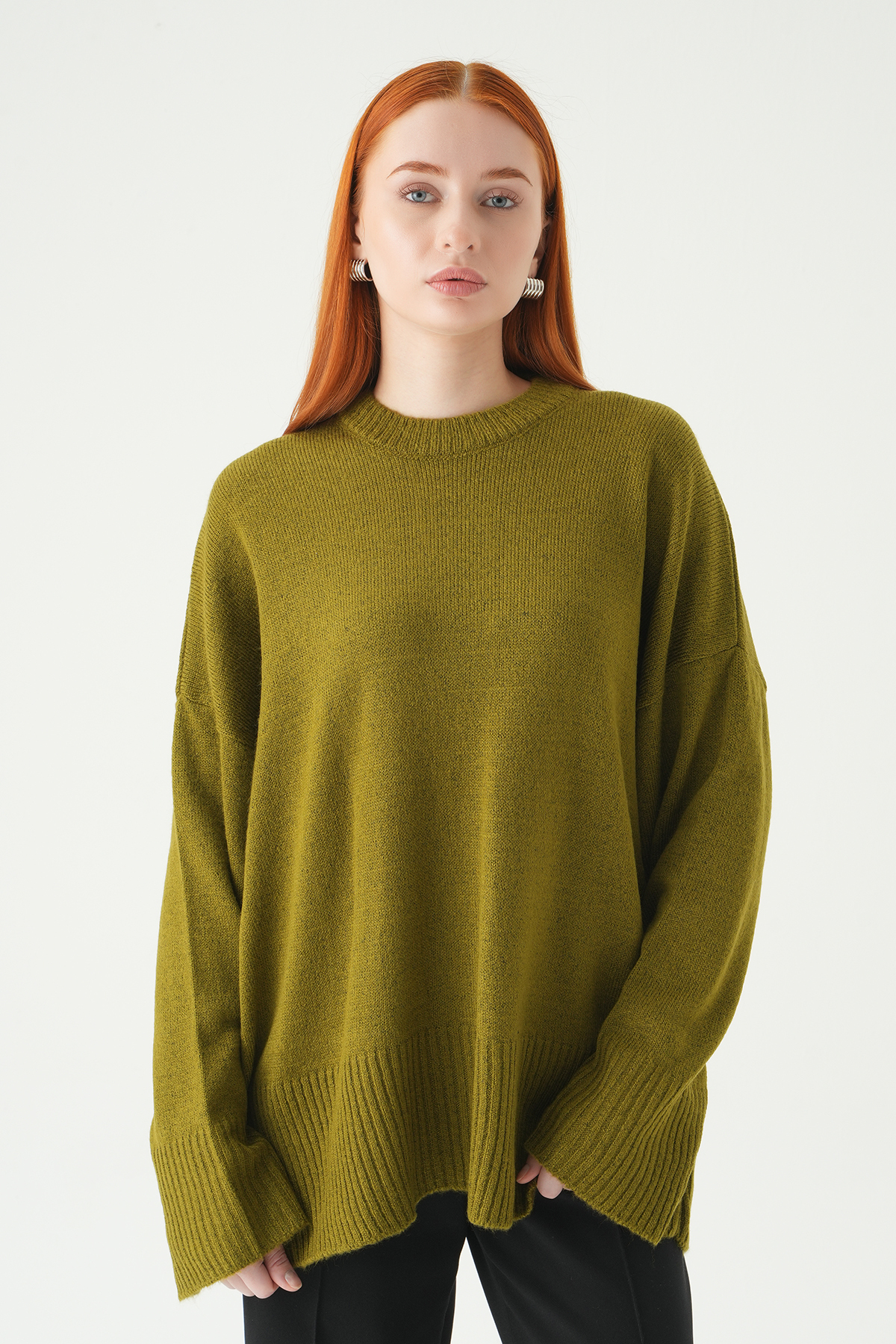 Yağ Yeşili Bisiklet Yaka Oversize Kazak 2450 - 2