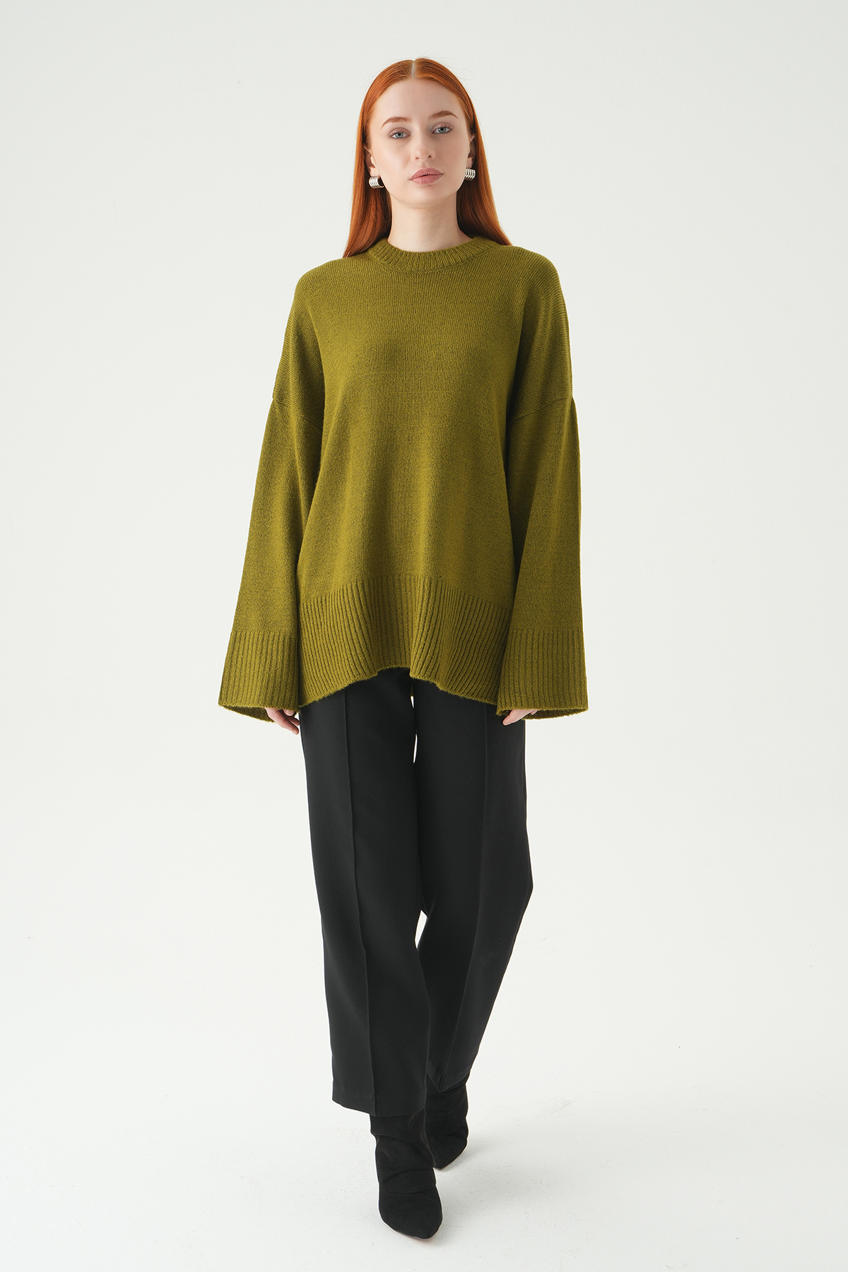 Yağ Yeşili Bisiklet Yaka Oversize Kazak 2450 - 3