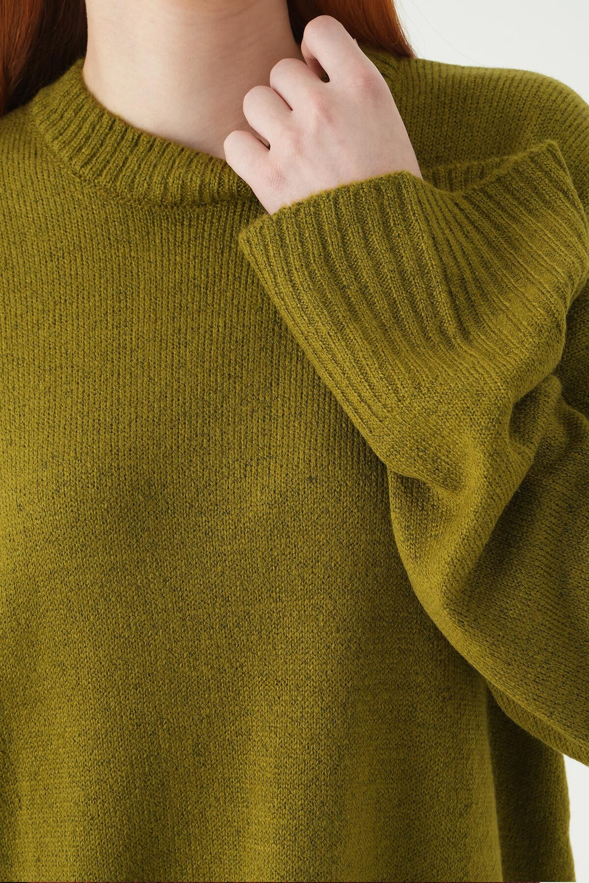 Yağ Yeşili Bisiklet Yaka Oversize Kazak 2450 - 4