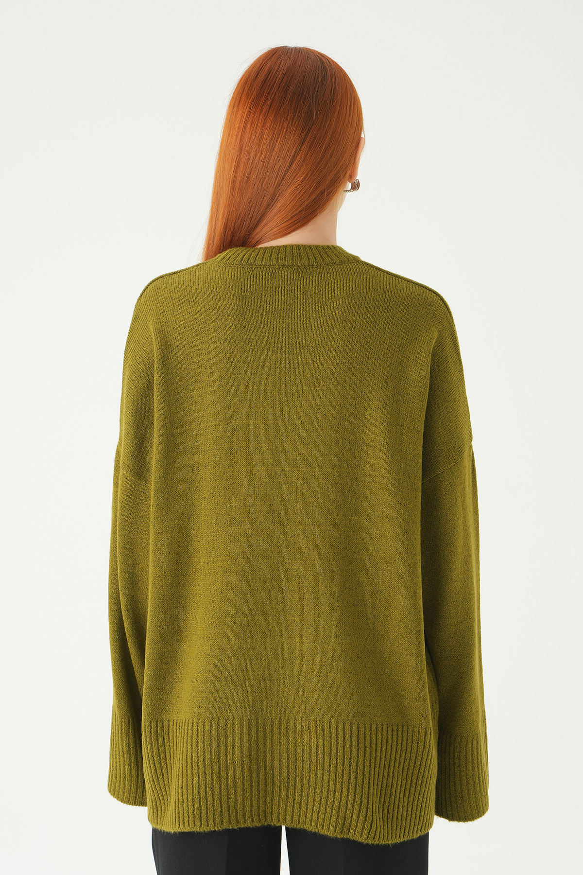 Yağ Yeşili Bisiklet Yaka Oversize Kazak 2450 - 5