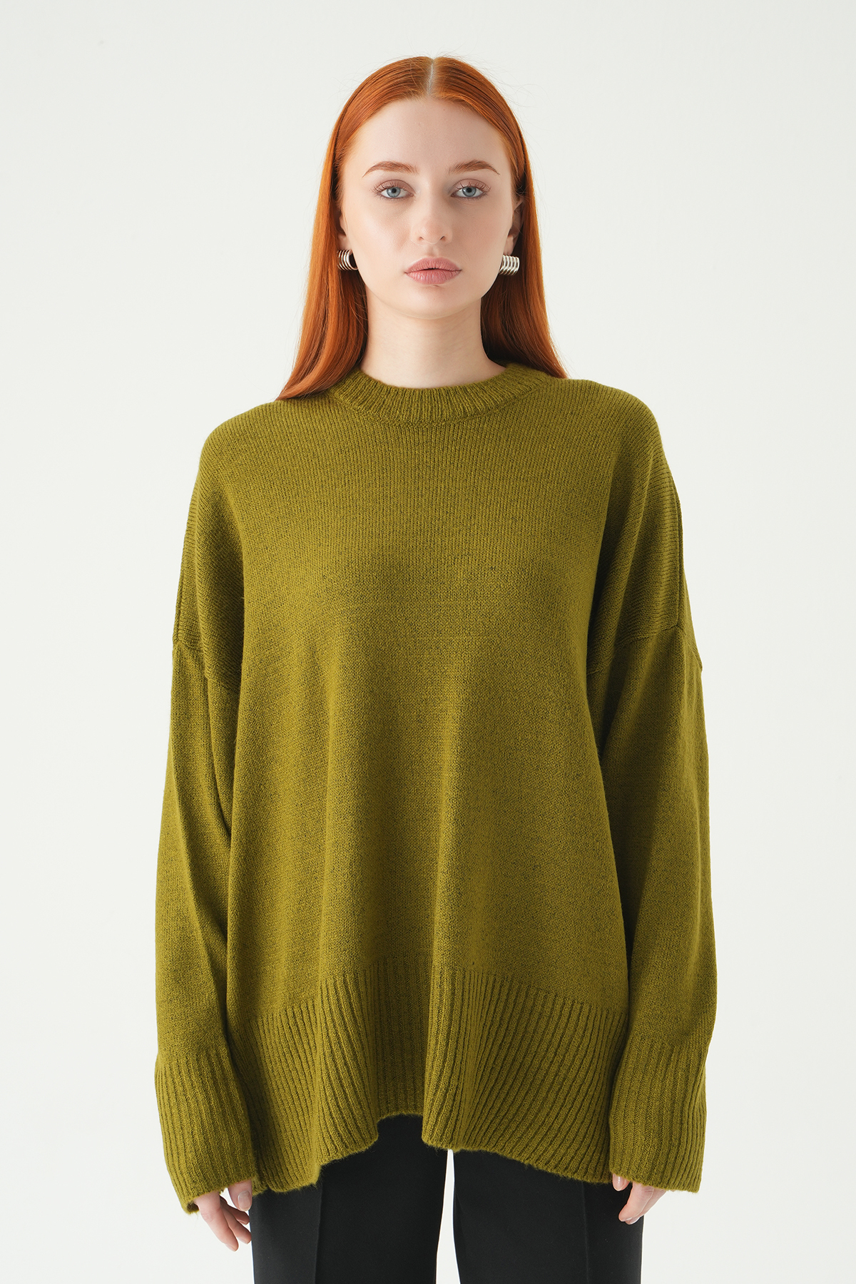 Yağ Yeşili Bisiklet Yaka Oversize Kazak 2450 - 6