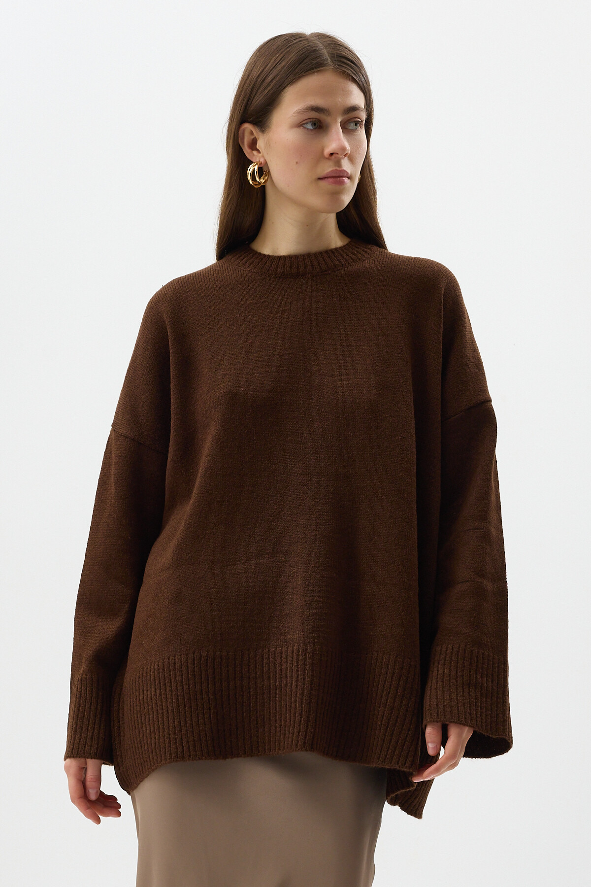 Acı Kahve Bisiklet Yaka Oversize Kadın Kazak 2450 - 1