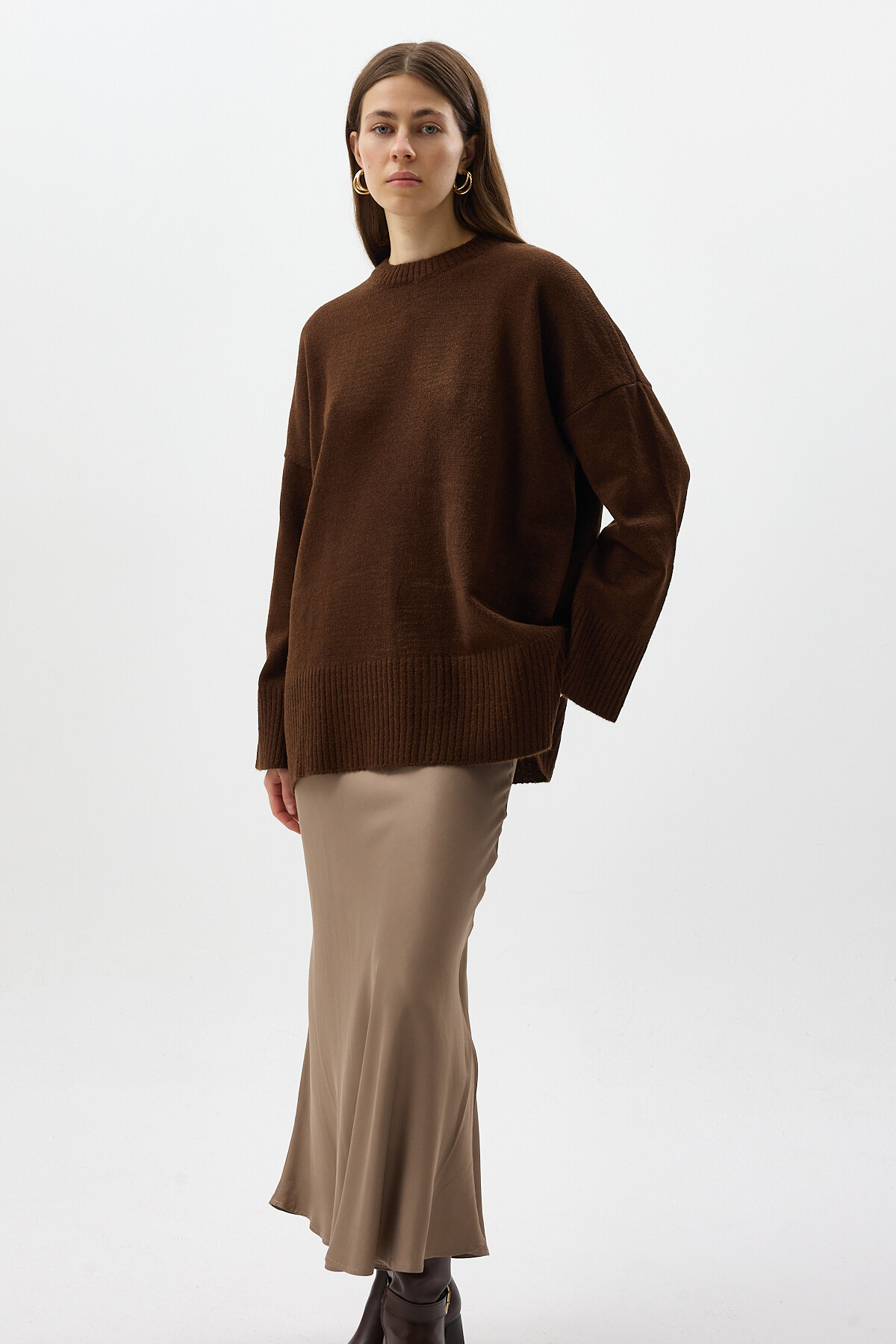 Acı Kahve Bisiklet Yaka Oversize Kadın Kazak 2450 - 6