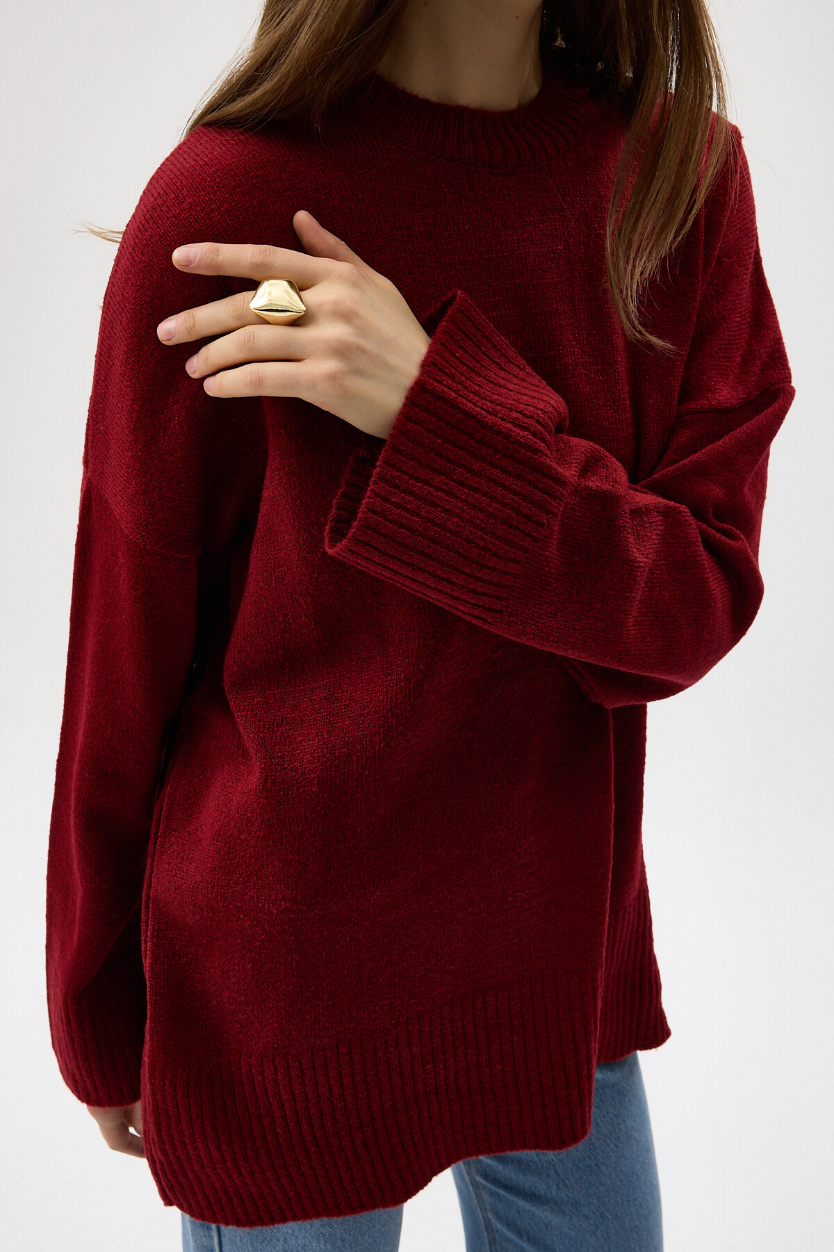 Bordo Bisiklet Yaka Oversize Kadın Kazak 2450 - RAYS