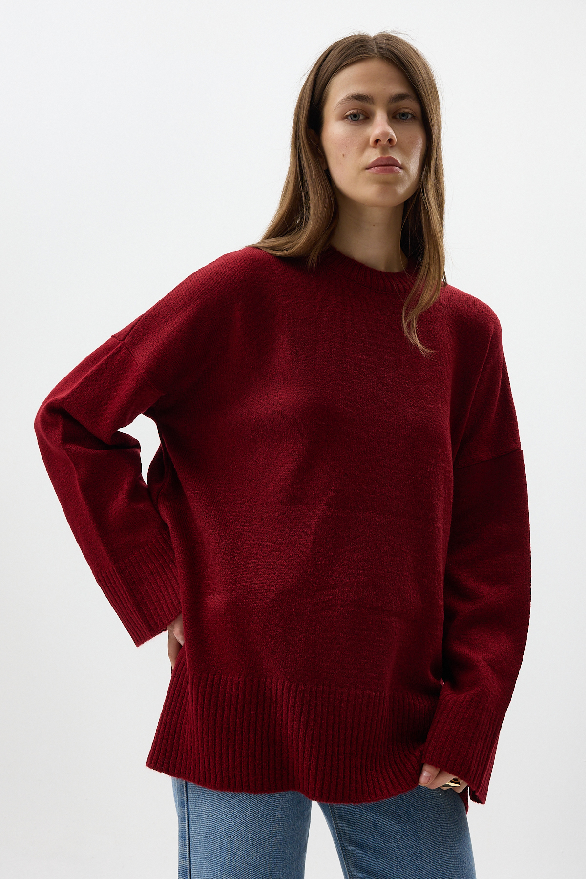 Bordo Bisiklet Yaka Oversize Kadın Kazak 2450 - RAYS