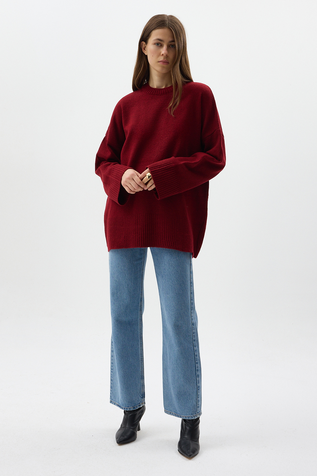 Bordo Bisiklet Yaka Oversize Kadın Kazak 2450 - RAYS