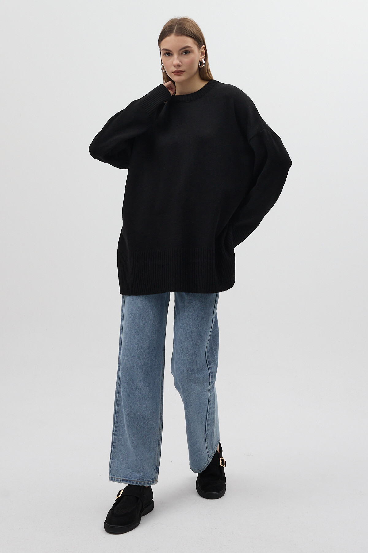 Siyah Bisiklet Yaka Oversize Kadın Kazak 2450 - RAYS
