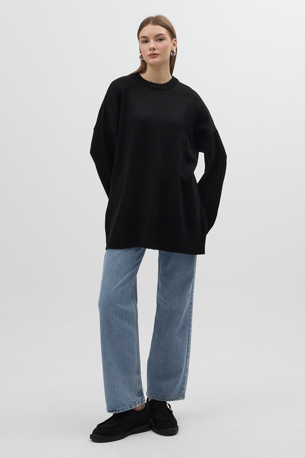 Siyah Bisiklet Yaka Oversize Kadın Kazak 2450 - 5