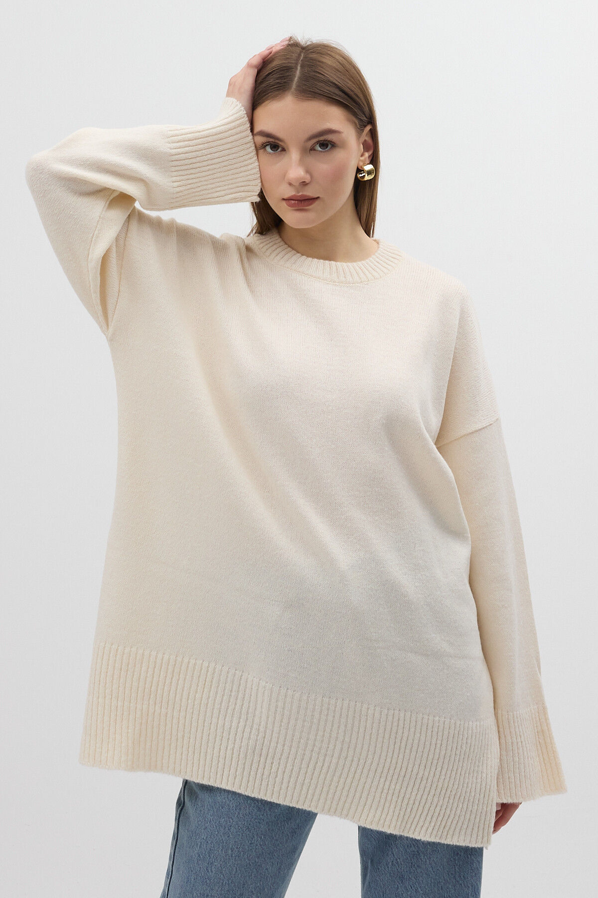 Taş Bisiklet Yaka Oversize Kadın Kazak 2450 - 5