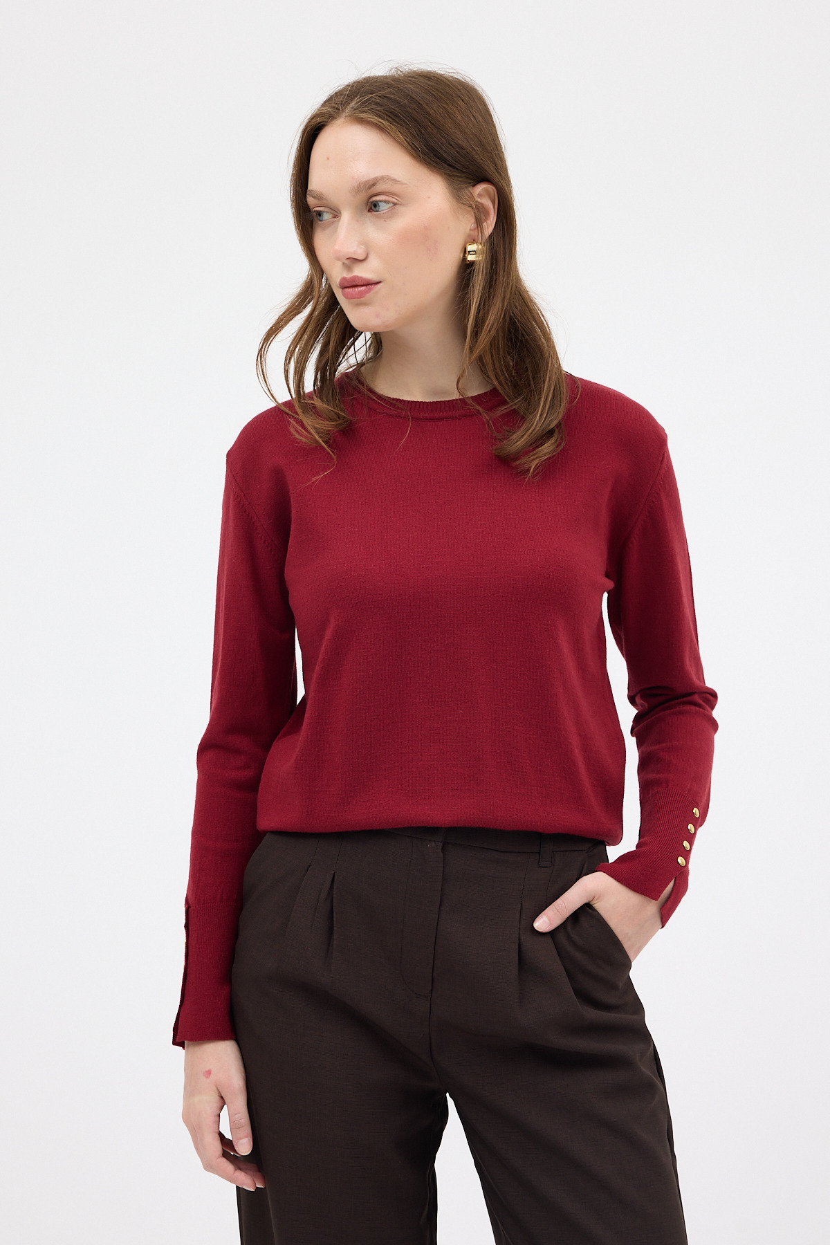 Bordo Bisiklet Yaka Kol Düğmeli Kadın Triko Kazak 2455 - RAYS