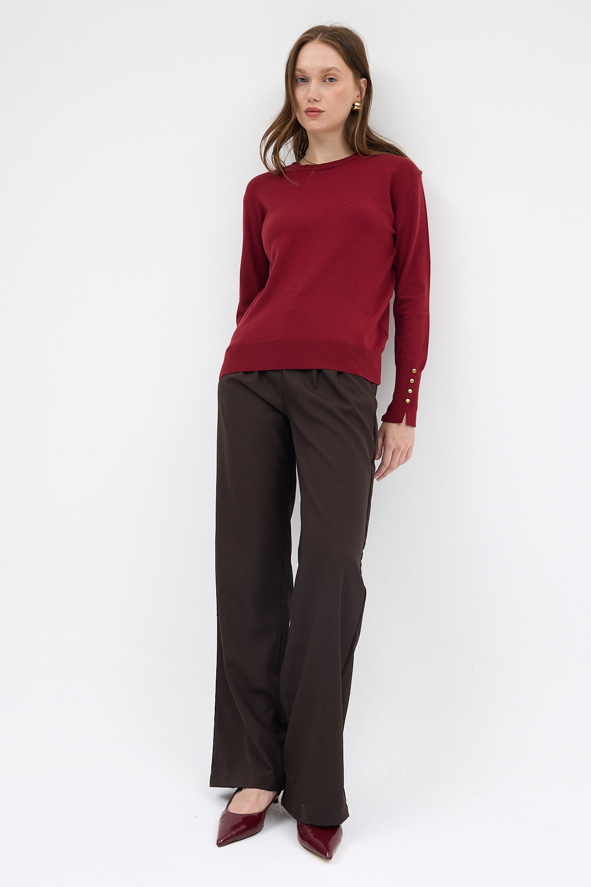 Bordo Bisiklet Yaka Kol Düğmeli Kadın Triko Kazak 2455 - 3