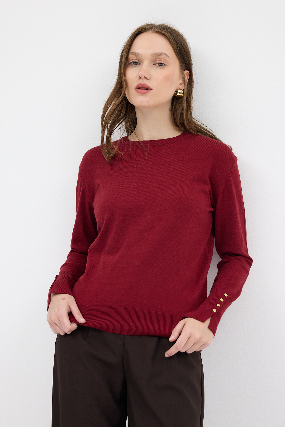 Bordo Bisiklet Yaka Kol Düğmeli Kadın Triko Kazak 2455 - 6