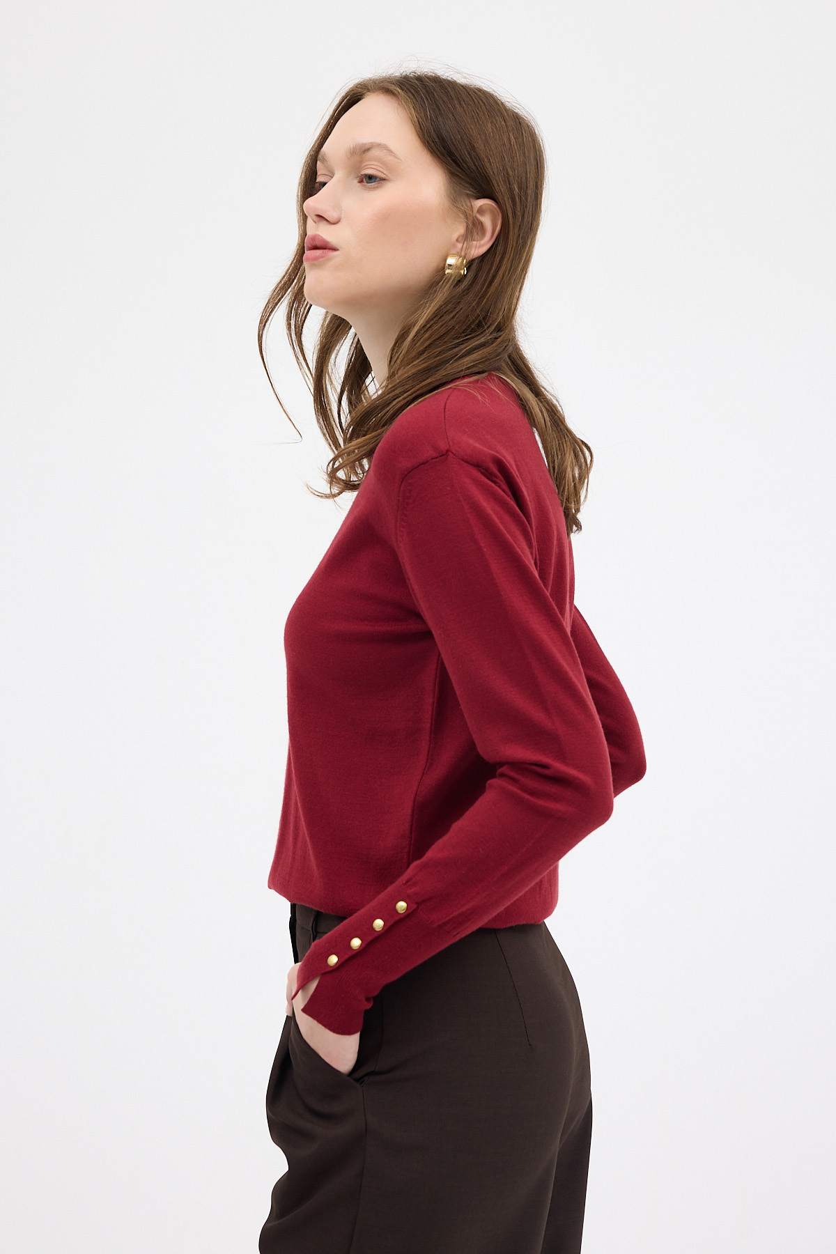 Bordo Bisiklet Yaka Kol Düğmeli Kadın Triko Kazak 2455 - 7