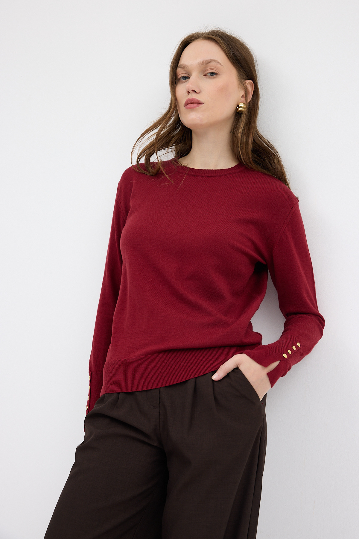 Bordo Bisiklet Yaka Kol Düğmeli Kadın Triko Kazak 2455 - 1