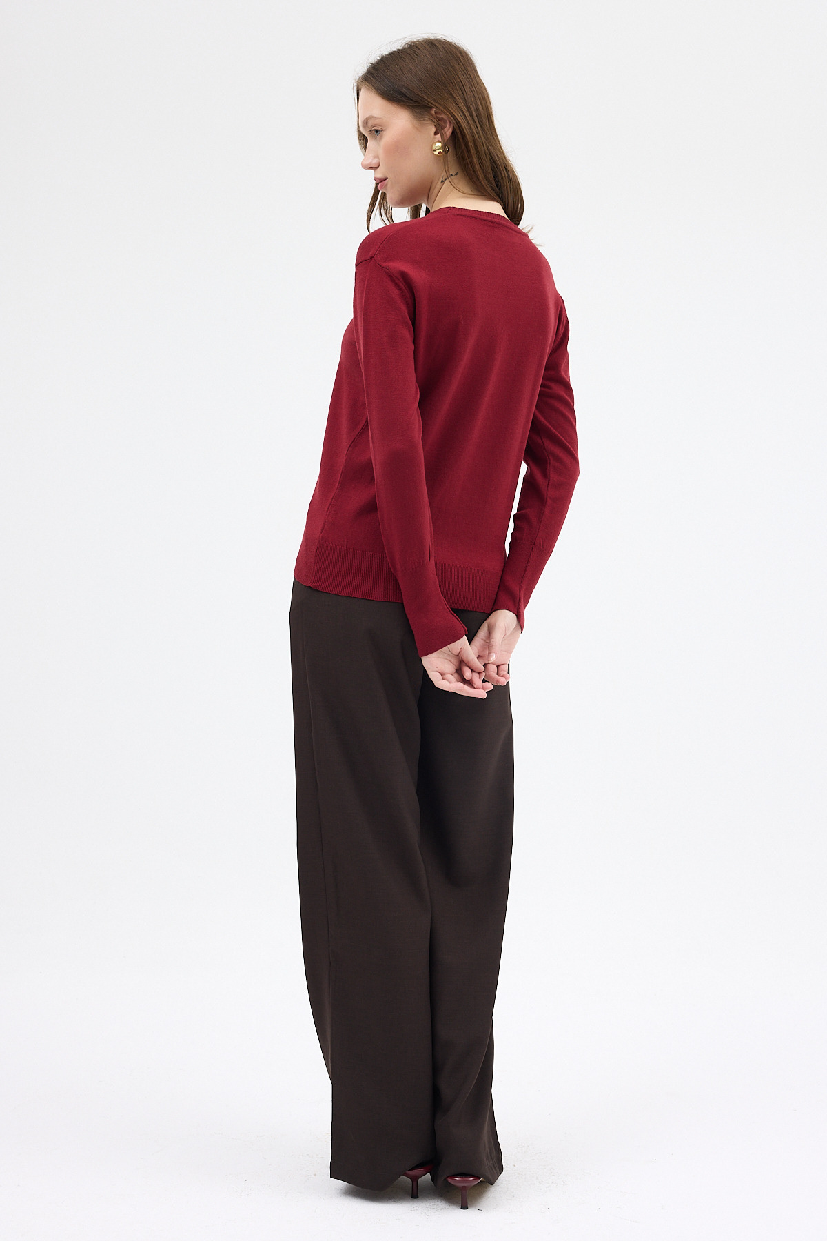 Bordo Bisiklet Yaka Kol Düğmeli Kadın Triko Kazak 2455 - 5