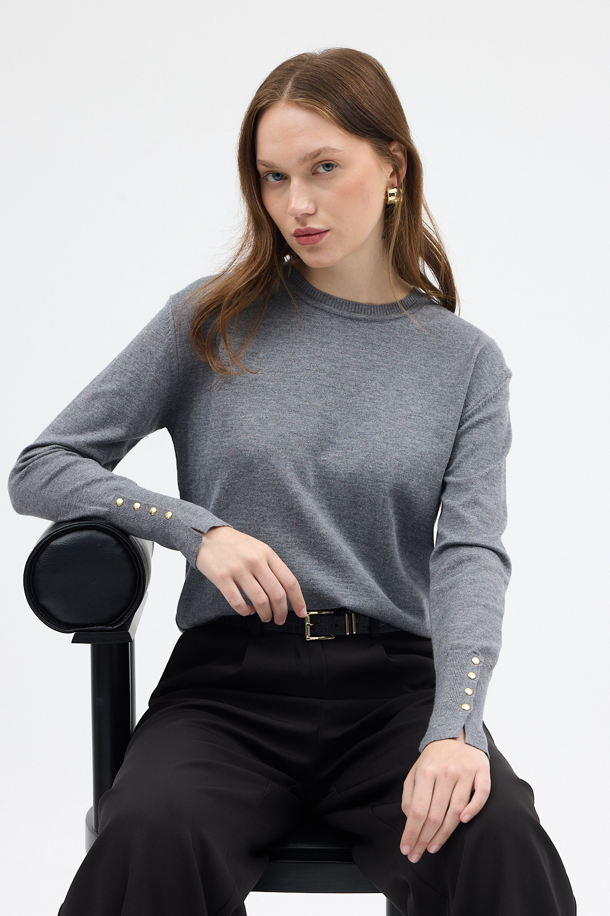 Füme Bisiklet Yaka Kol Düğmeli Kadın Triko Kazak 2455 - 6