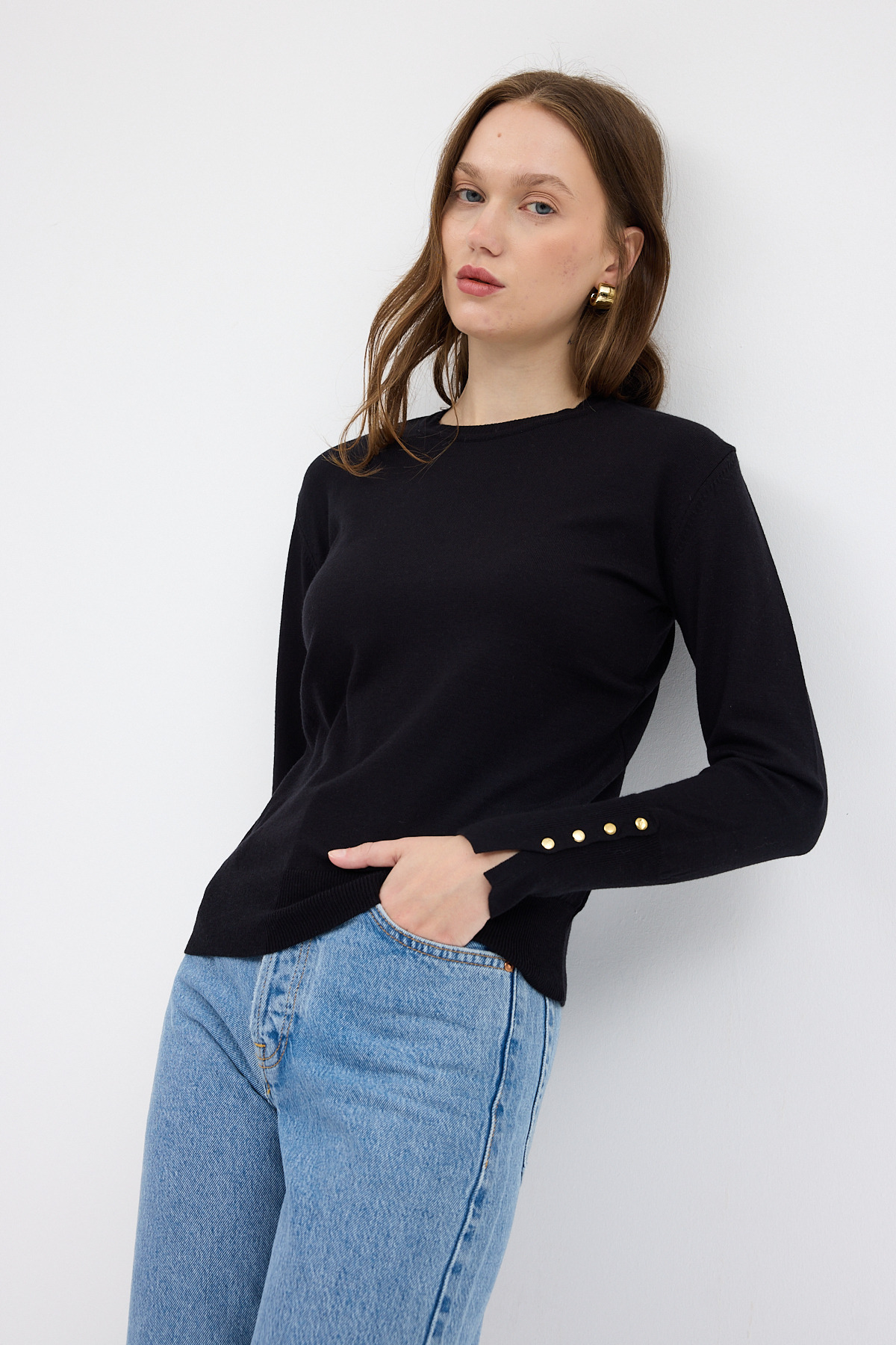 Siyah Bisiklet Yaka Kol Düğmeli Kadın Triko Kazak 2455 - RAYS