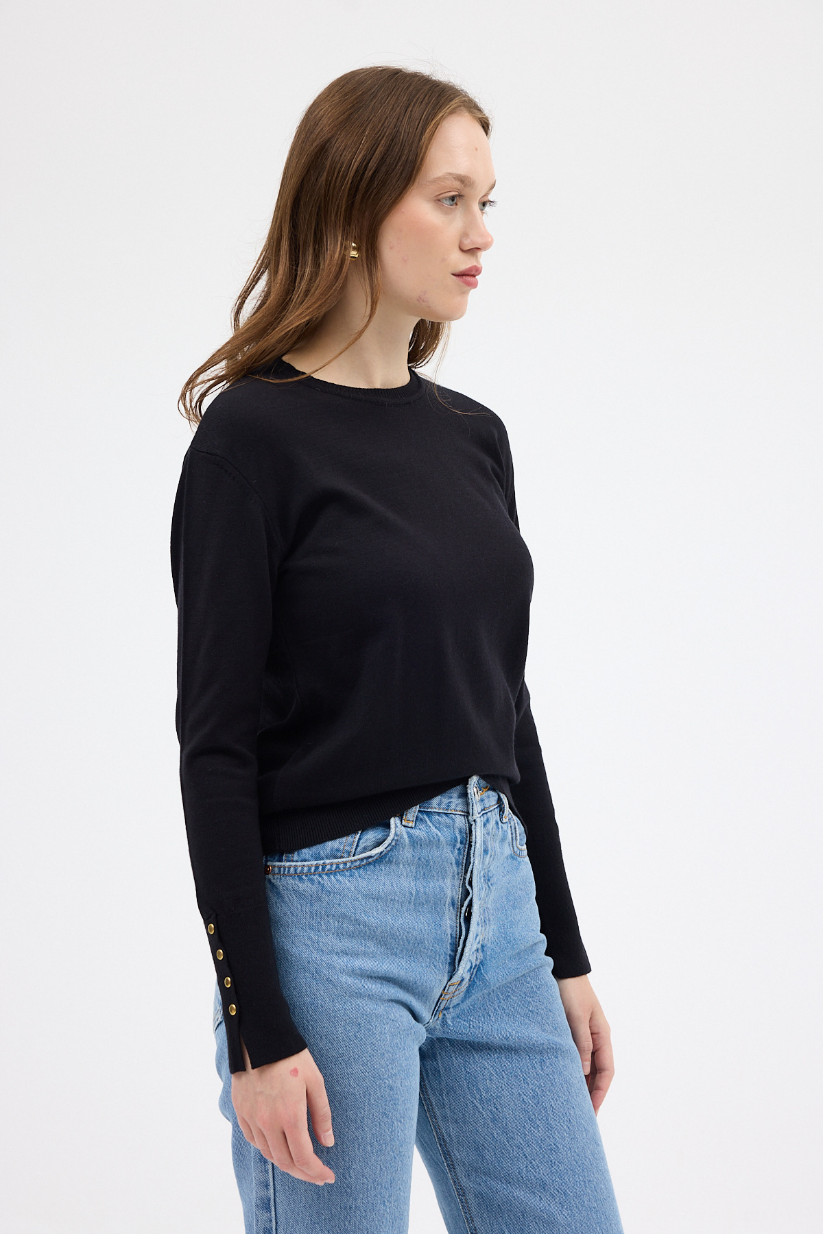 Siyah Bisiklet Yaka Kol Düğmeli Kadın Triko Kazak 2455 - RAYS