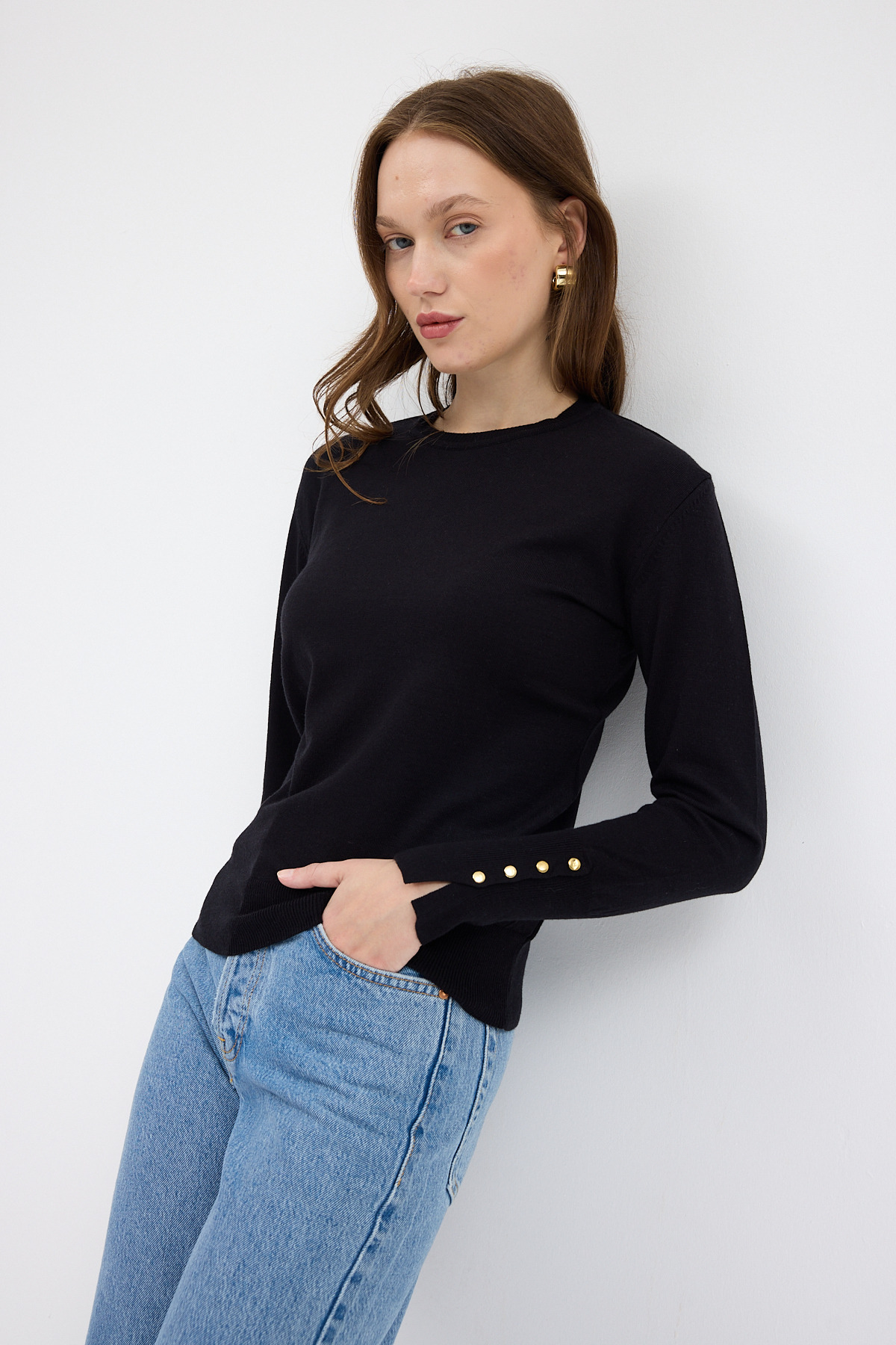 Siyah Bisiklet Yaka Kol Düğmeli Kadın Triko Kazak 2455 - 7