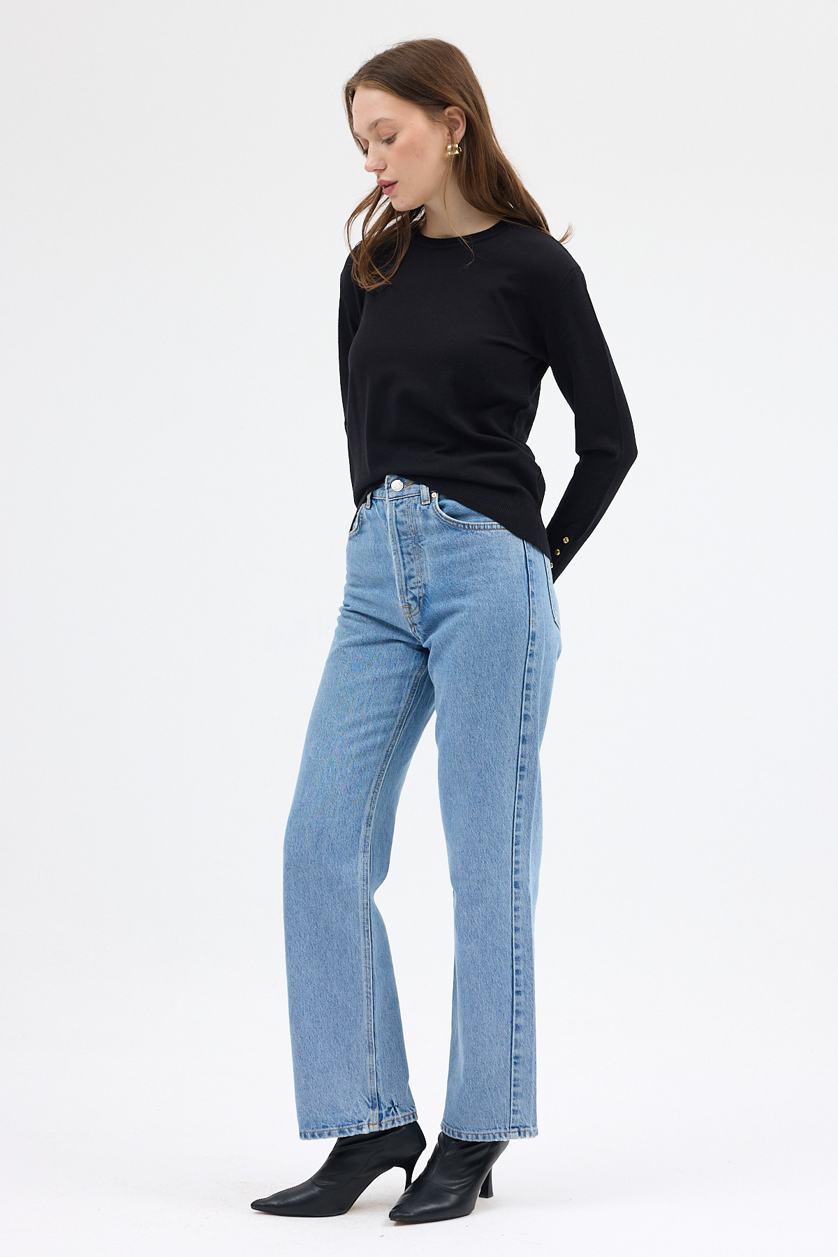 Siyah Bisiklet Yaka Kol Düğmeli Kadın Triko Kazak 2455 - 3