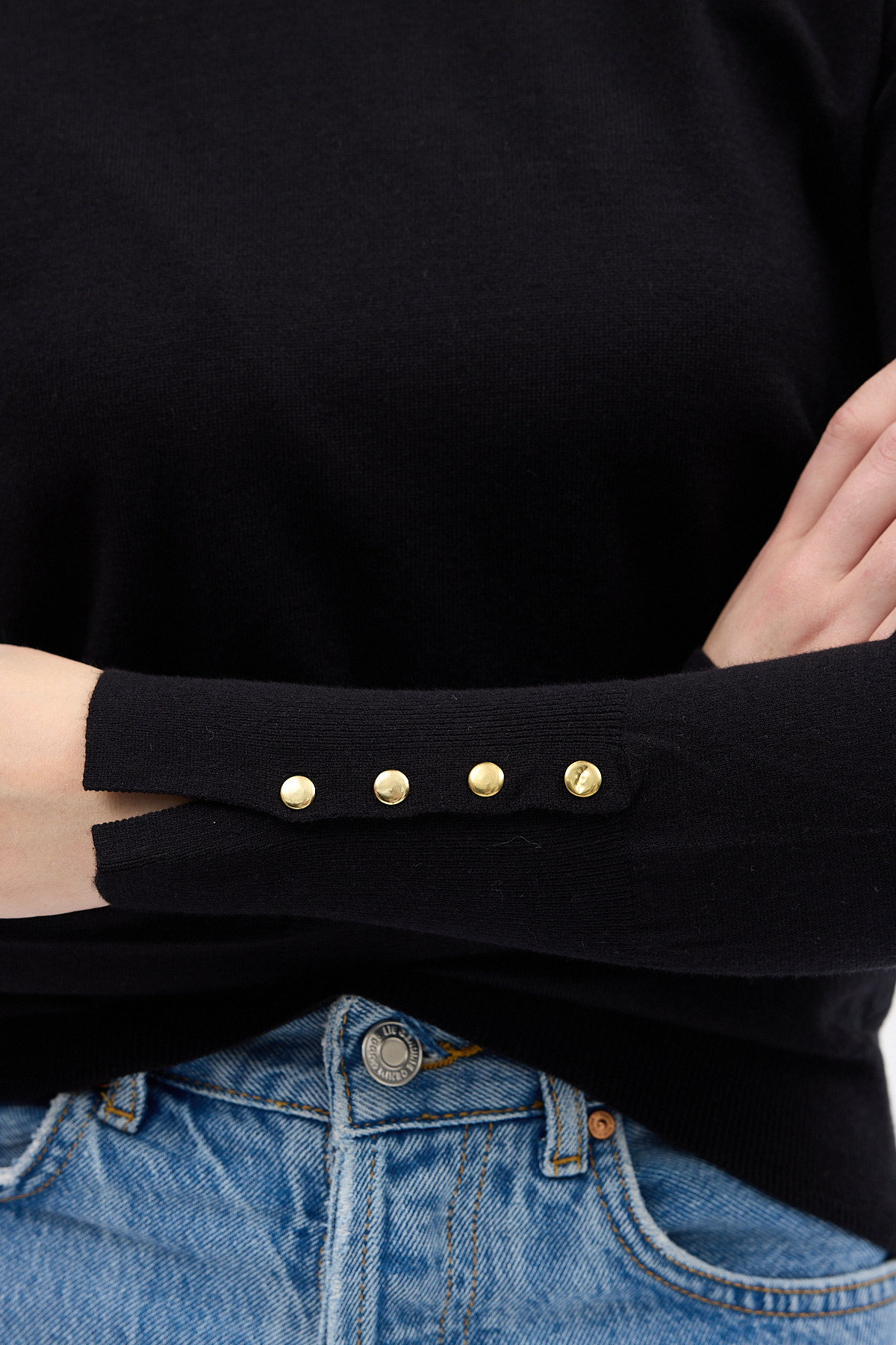 Siyah Bisiklet Yaka Kol Düğmeli Kadın Triko Kazak 2455 - 4