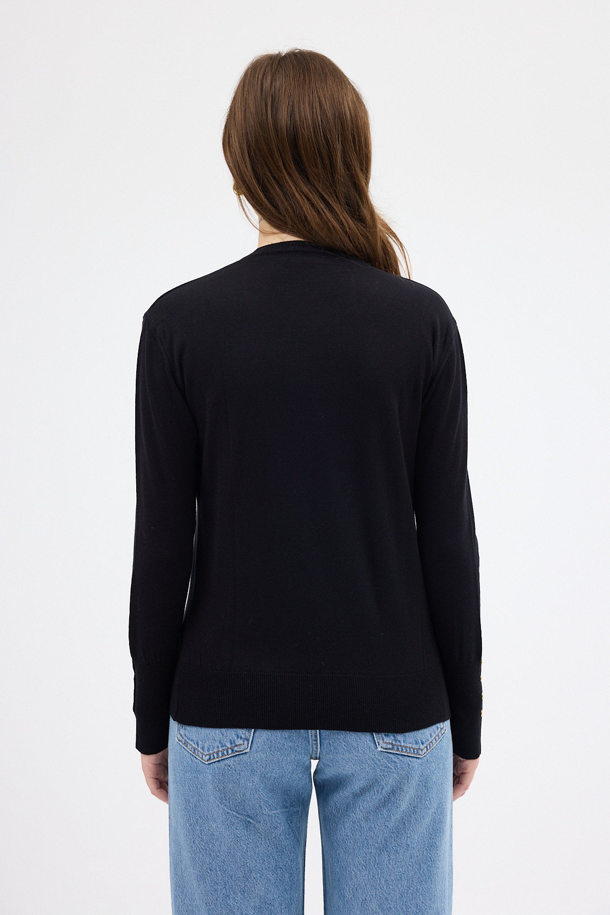 Siyah Bisiklet Yaka Kol Düğmeli Kadın Triko Kazak 2455 - 6