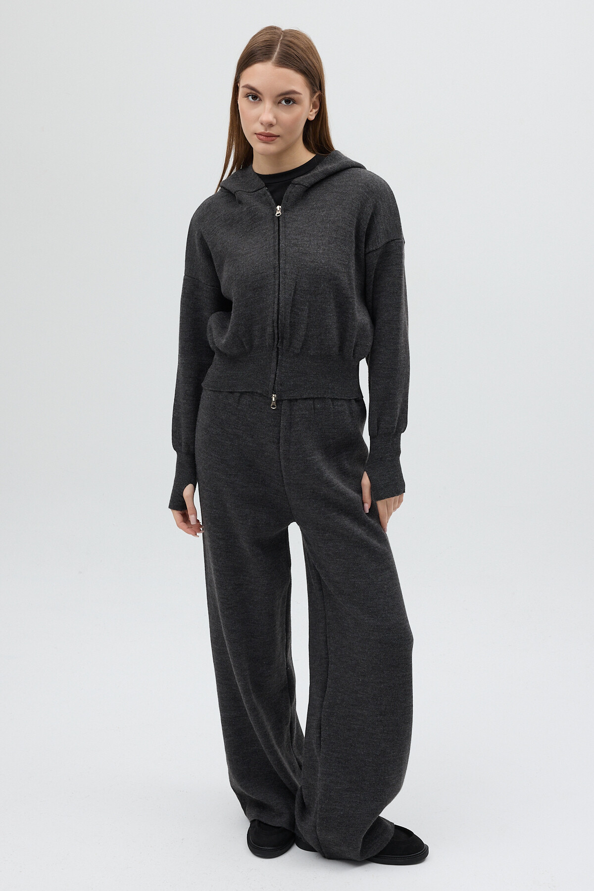 Antrasit Kapüşonlu Fermuarlı Triko Örme Pantolon Kadın Takım 2460 - 8